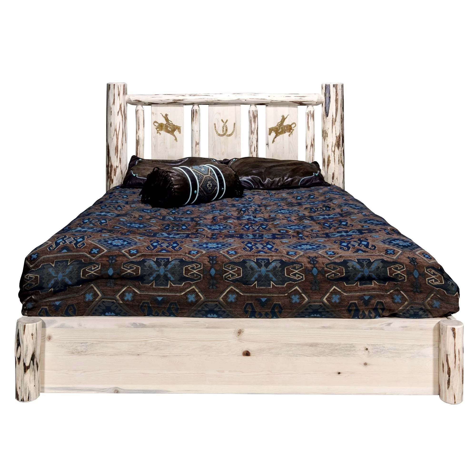 Montana Woodworks  Montana Platform Bed with Storage, Queen with Laser Engraved Bronc Design, Clear Lacquer