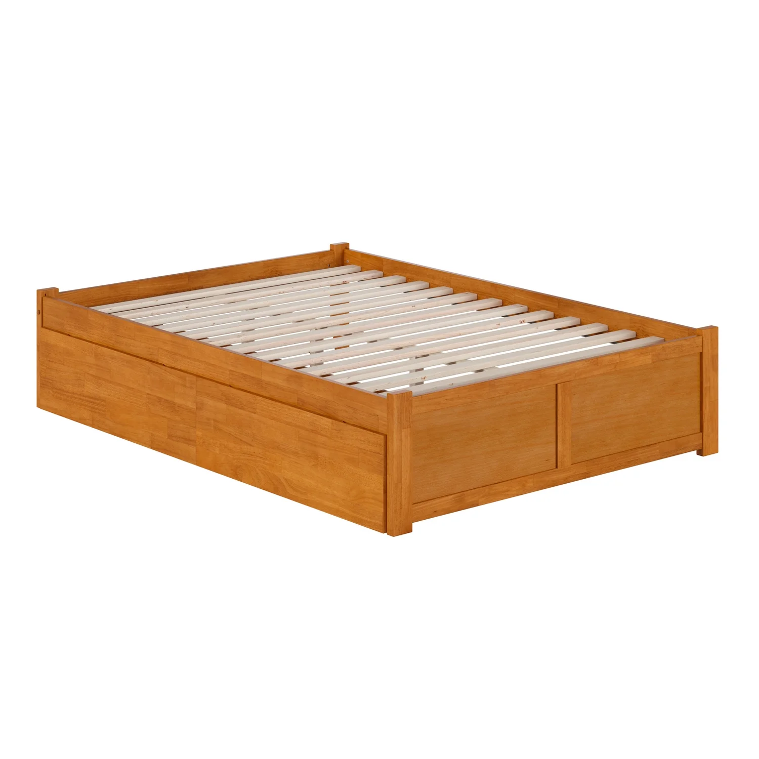 Concord Full Wood Platform Bed with Footboard and Drawers in Light Toffee
