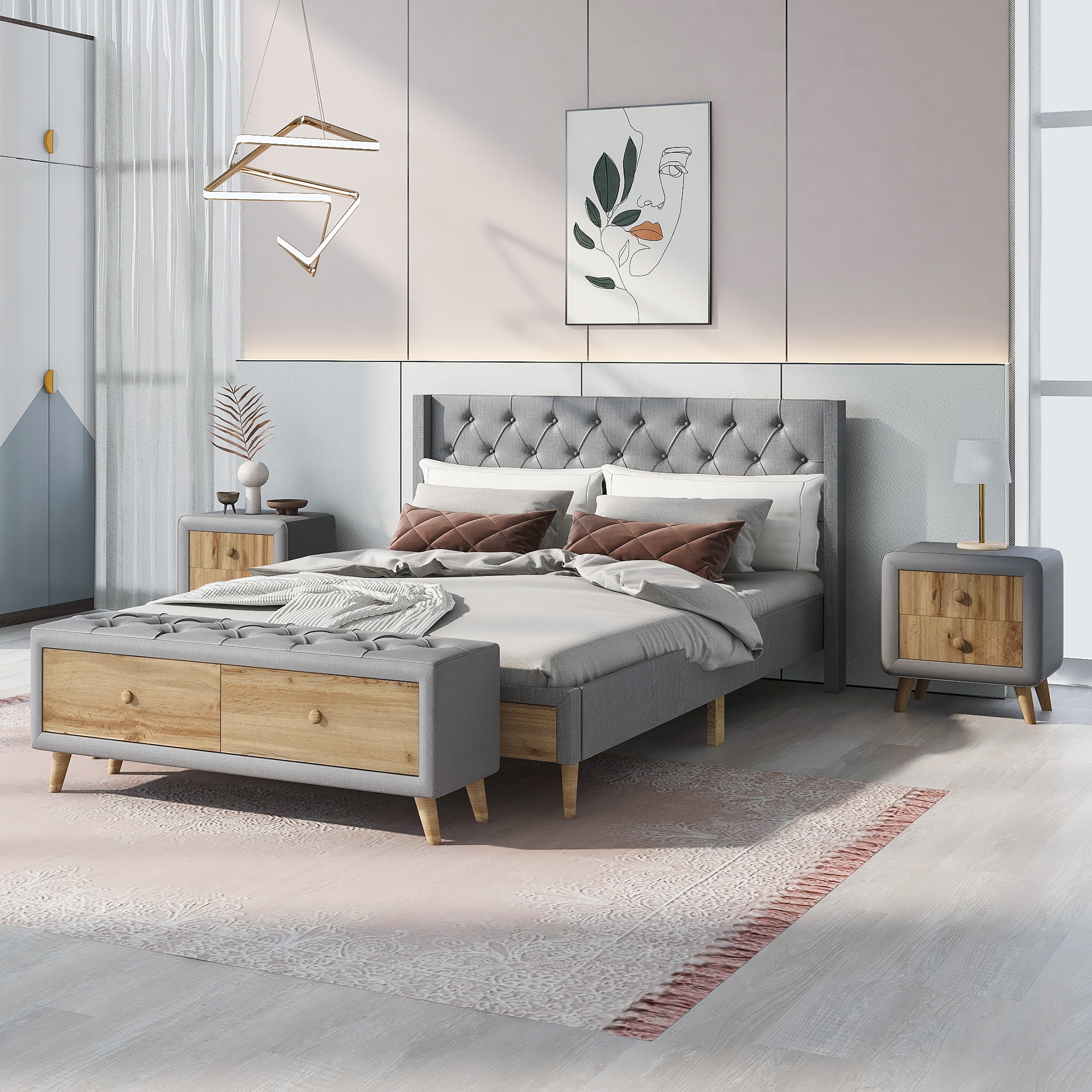 Royard Oaktree 4-Pieces Bedroom Sets Queen Size Upholstered Platform Bed with Two Nightstands and Storage Bench, Gray