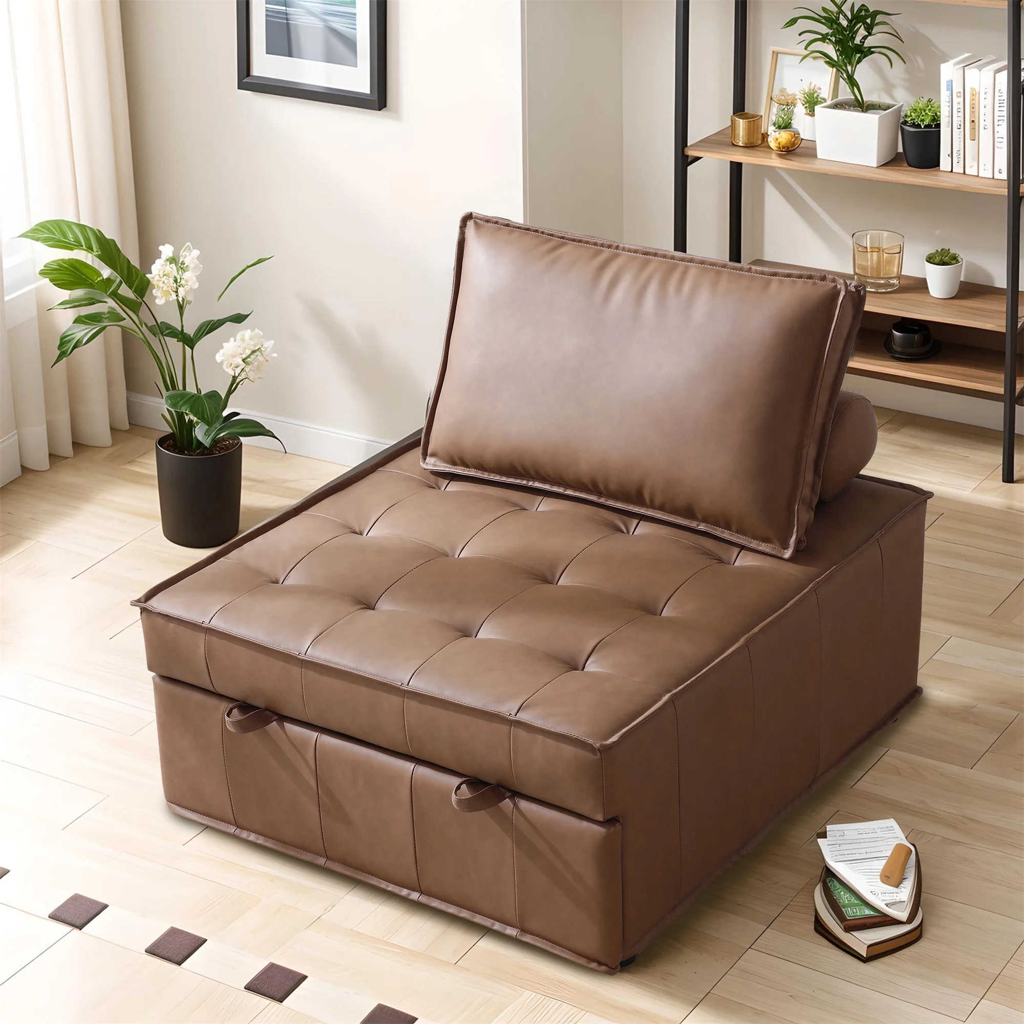 Gexpusm Pull Out Lazy Ottoman Sofa Bed with Removable Backrest, Small Faux Leather Convertible Sleeper Sofa for Living Room Apartment, Brown