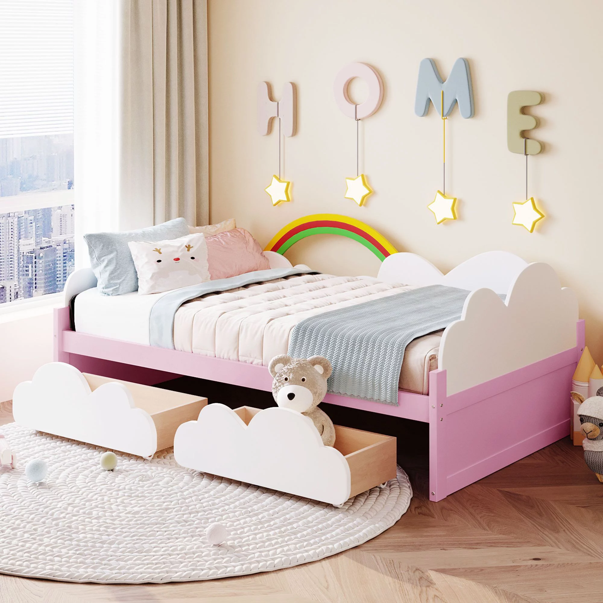 Twin Size Daybed Bed Frame with Clouds and Rainbow Decor Platform Bed with Two Drawers Modern Wooden Bed with Fence Guardrails and Slat Support Leg for Dorm, Bedroom
