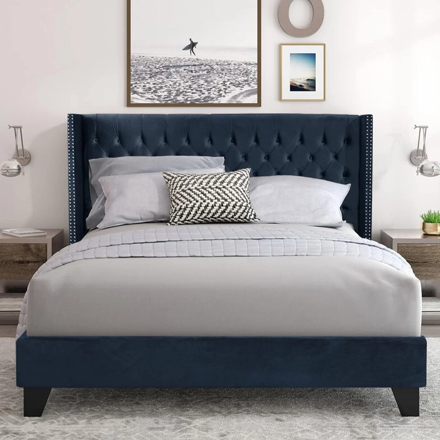 Nathaniel Home, Queen Beds, Upholstered Platform Bed Frame, Low Profile Deep Button Tufting Bed Frames, with Diamond Nailhead Trim Wingback Headboard, Blue