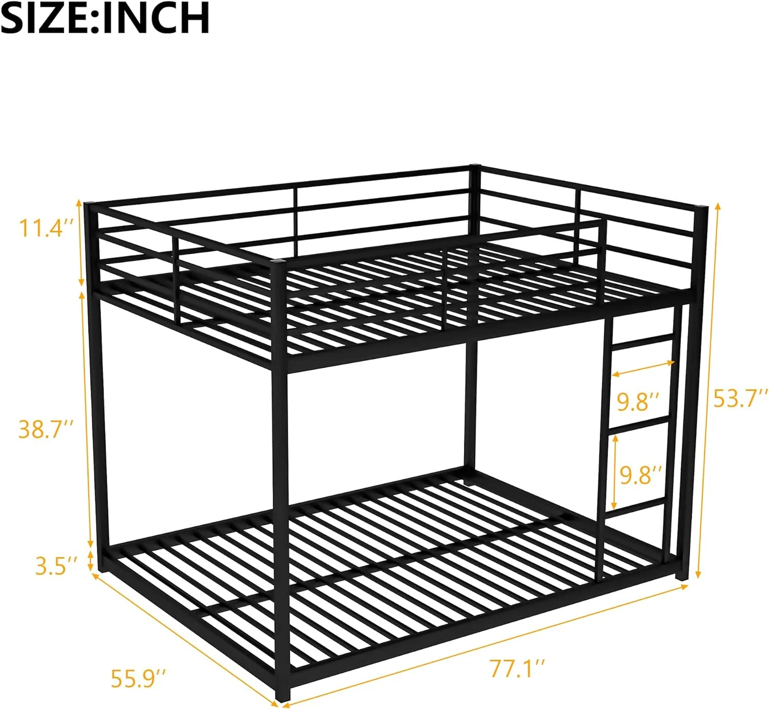 YGDU Full Over Full Metal Bunk Bed, Low Bunk Bed with Ladder, Black