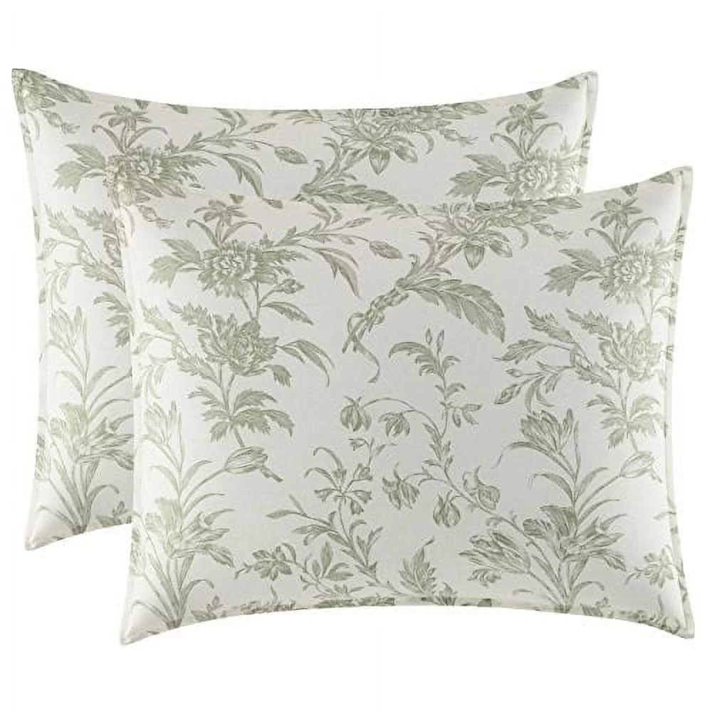 Laura Ashley Home - King Size Comforter Set, Reversible Cotton Bedding, Includes Matching Shams with Bonus Euro Shams & Throw Pillows (Natalie Sage/Off White, King) King Sage/Off White