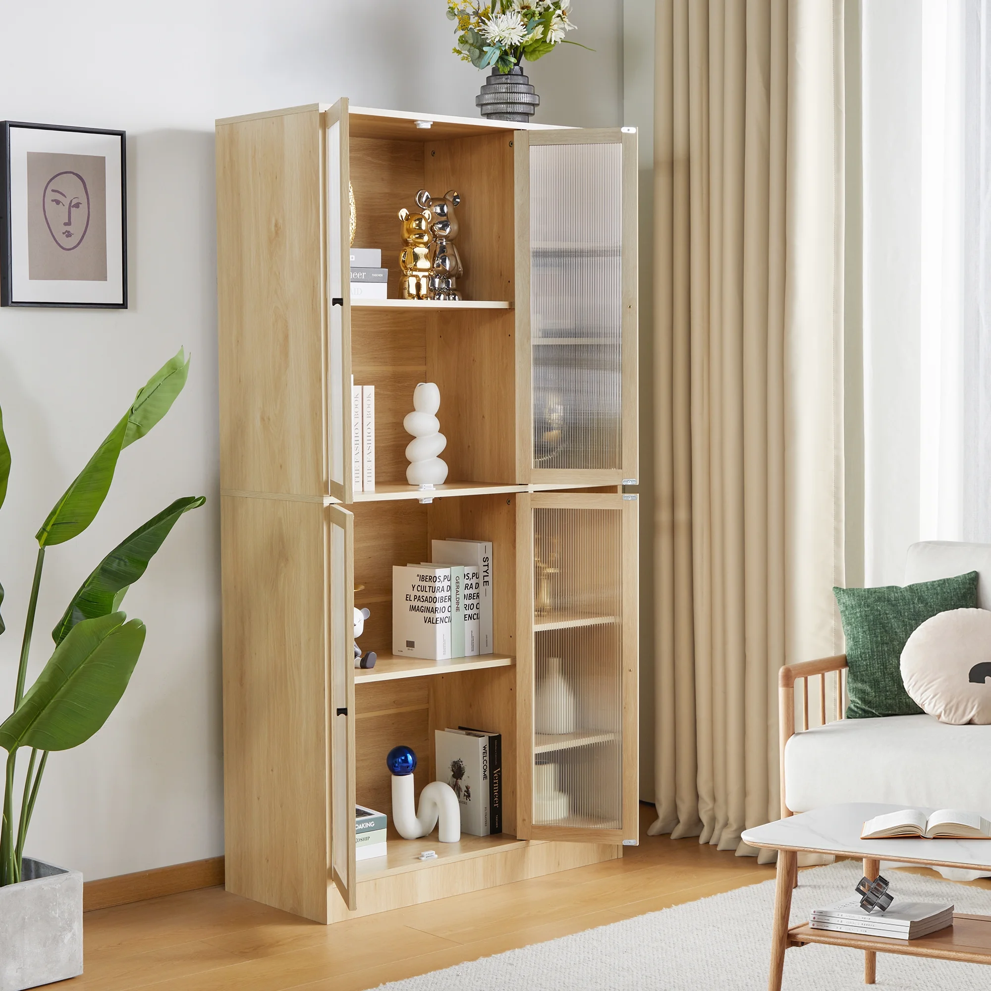 Semiocthome Wood Modern Storage Cabinet with Glass Doors and 10 Shelf,Adult,71