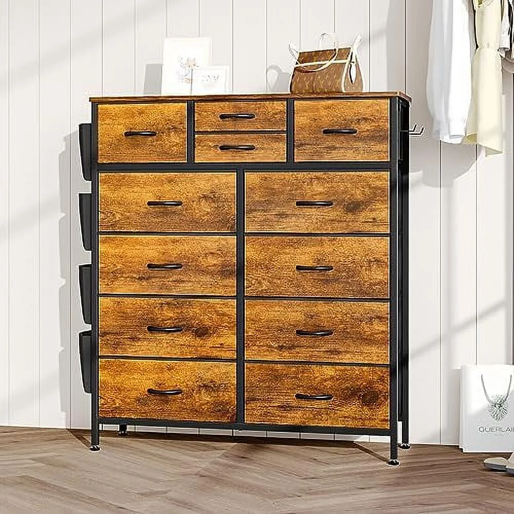 YZboomLife Dresser for Bedroom with 12 Drawers  Chest of Drawers with Side Pockets and Hooks  Fabric Dresser Drawers for Living Room  Hallway  Nursery  Entryway (Black Wood Grain)