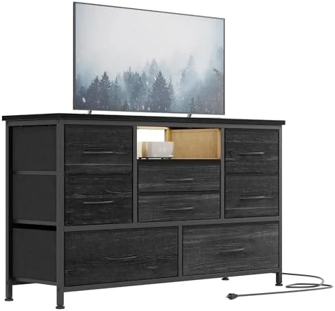 RUNFAYBIU 8-Drawer Dresser Fabric Tower for Bedroom,47'' Wide TV Stand & Chest of Drawers with AC Outlets and 2 USC Ports Large Tower Unit Charcoal Black-New