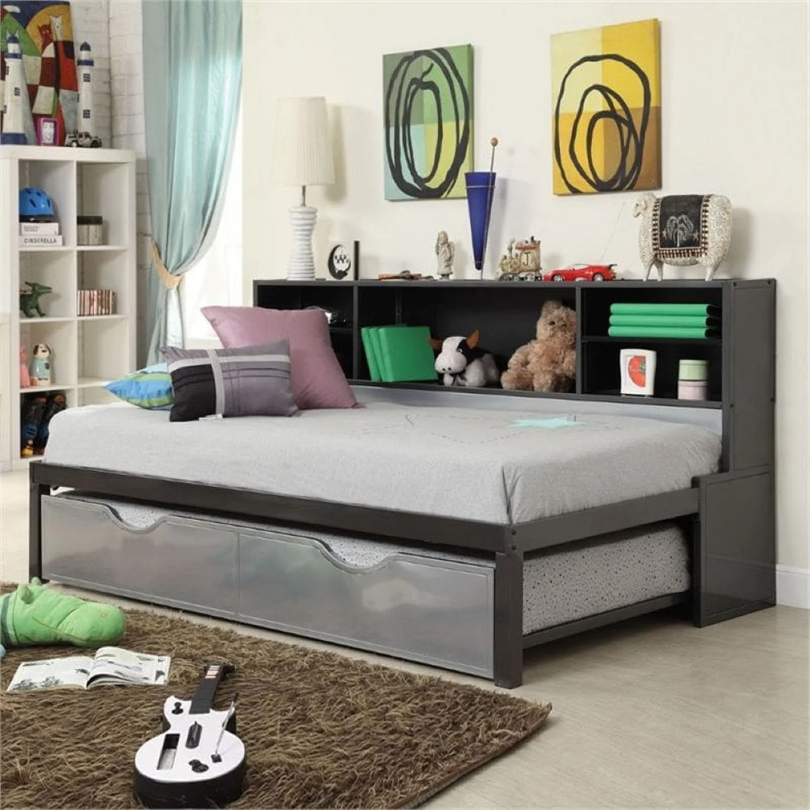 Bowery Hill Metal Frame Twin Bed with Trundle in Black and Silver Including Bookcase