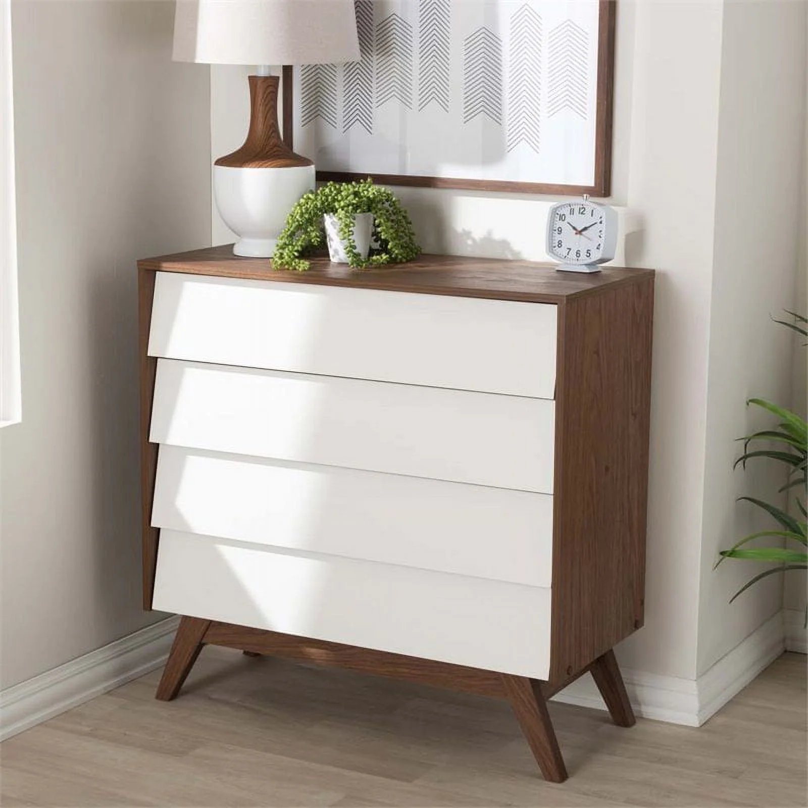 Hawthorne Collection Mid Century 4 Drawer Bedroom Chest Dresser in White and Walnut Brown