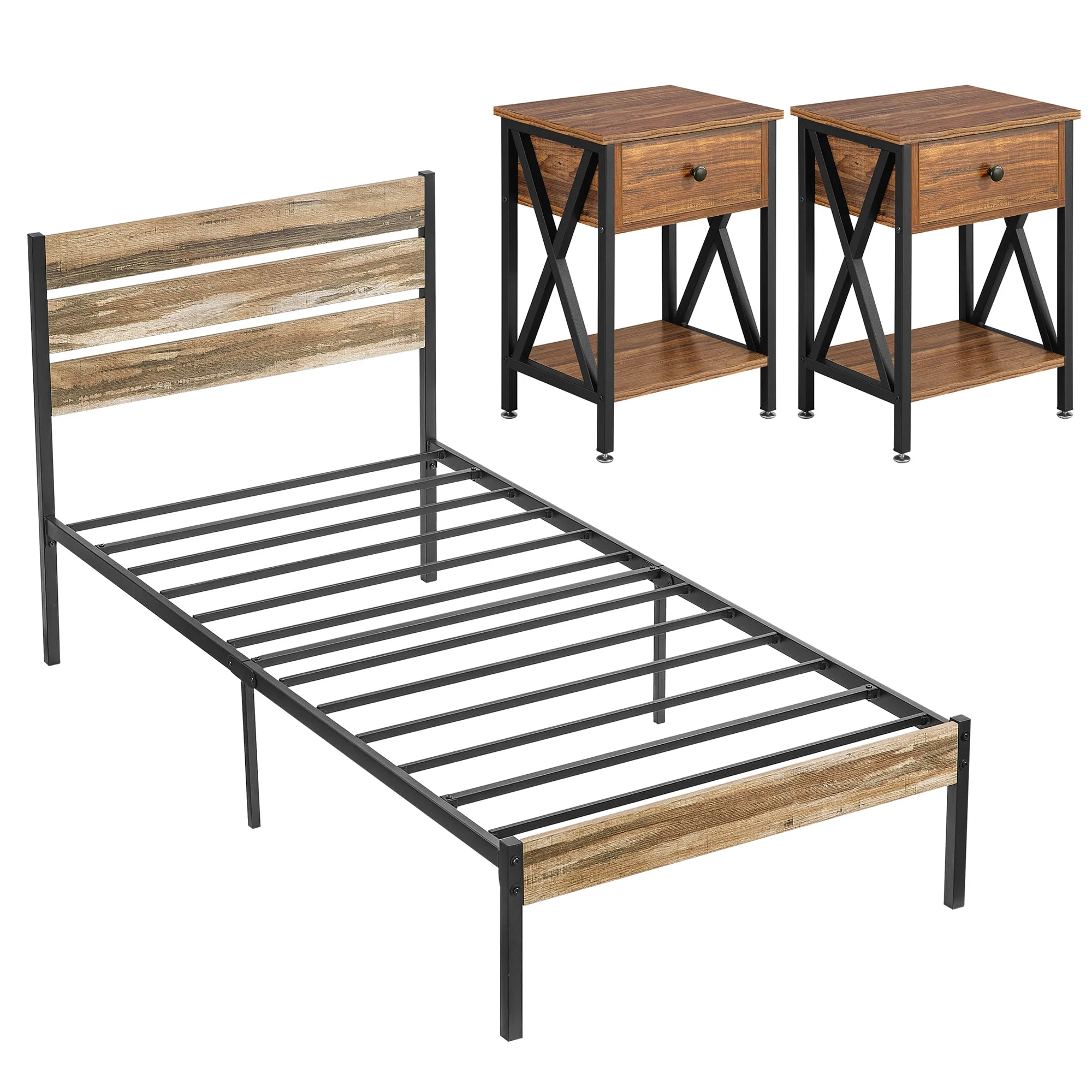 VECELO 3-piece Bedroom Set Include Twin Bed Frame with 2 Nightstands, Slate&Brown