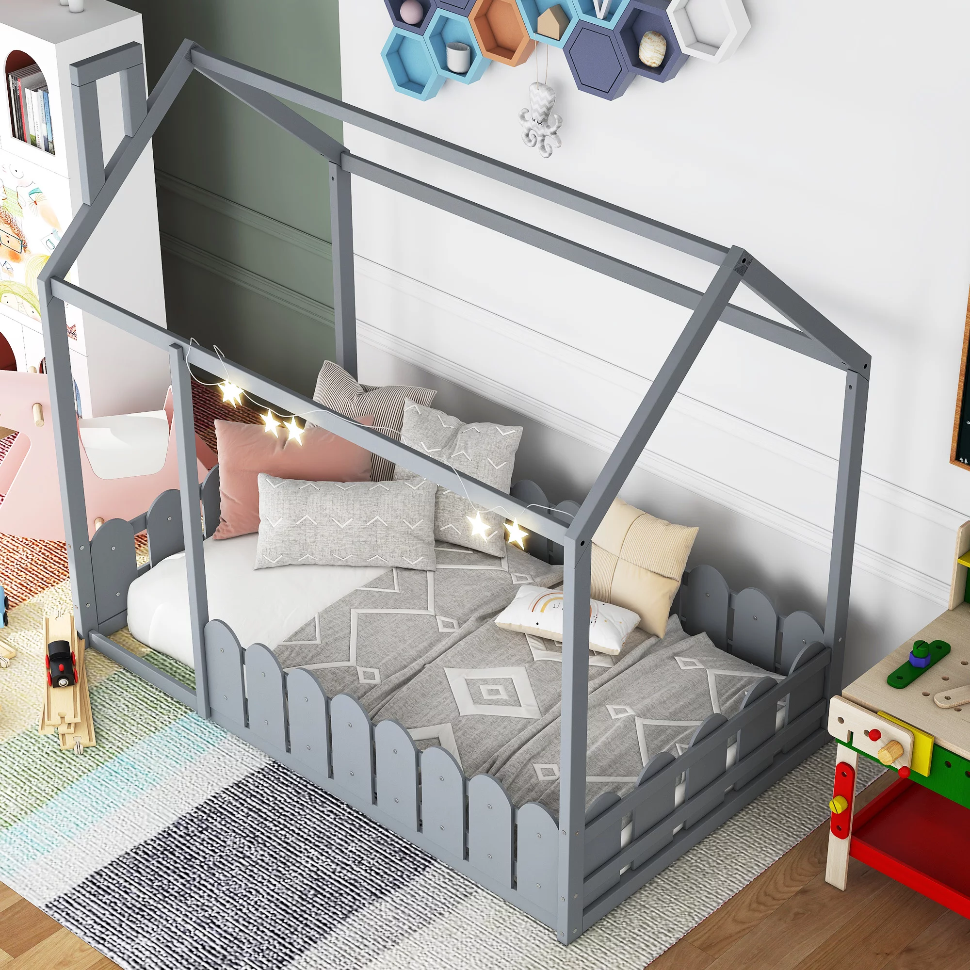 Hombay Twin Size House Bed Frame with Fence and Roof, Wood Playhouse Bed for Kids Child Girls Boys