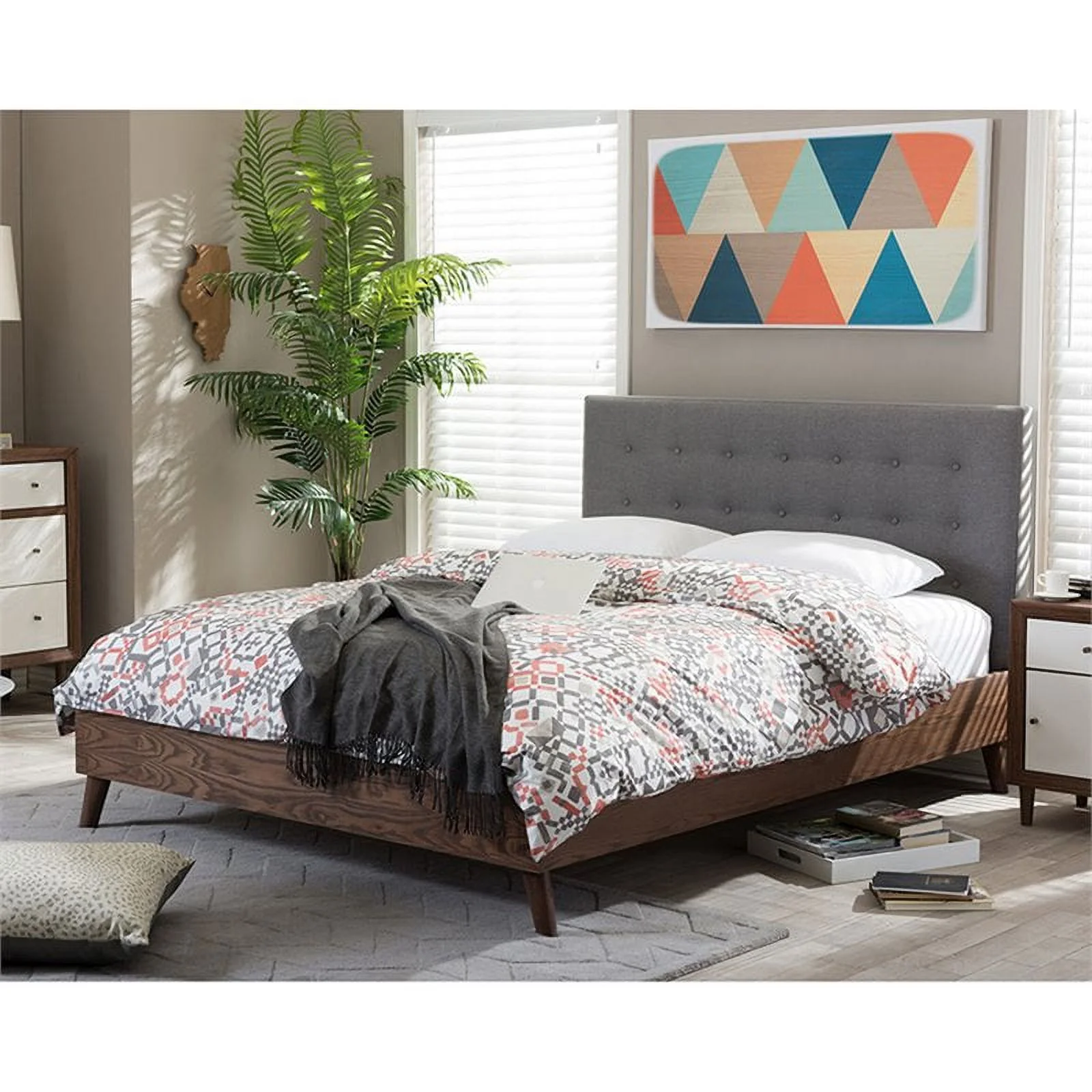 Allora Tufted Queen Panel Platform Bed in Gray