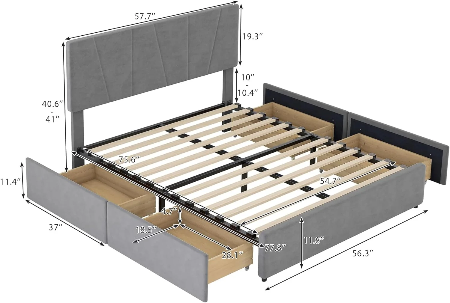 Full Size Upholstery Platform Bed with Four Drawers on Two Sides, Strong Secured Wooden Platform Bed with Adjustable Headboard,Comfortable for Youth,Adult Bedroom