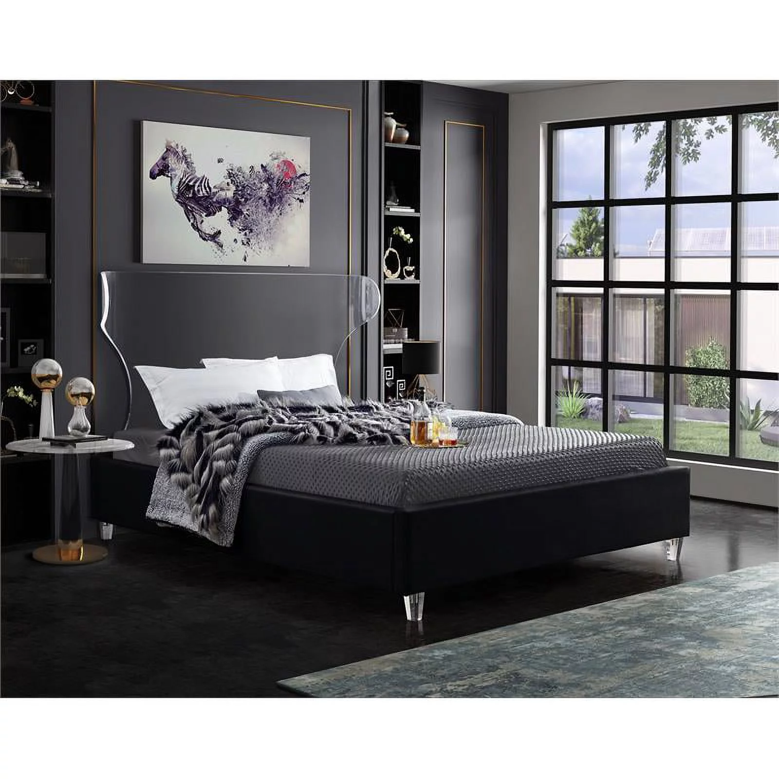 Maklaine Modern Fabric 50''H x 65.5''W x 86.5''D Black Velvet Queen Bed