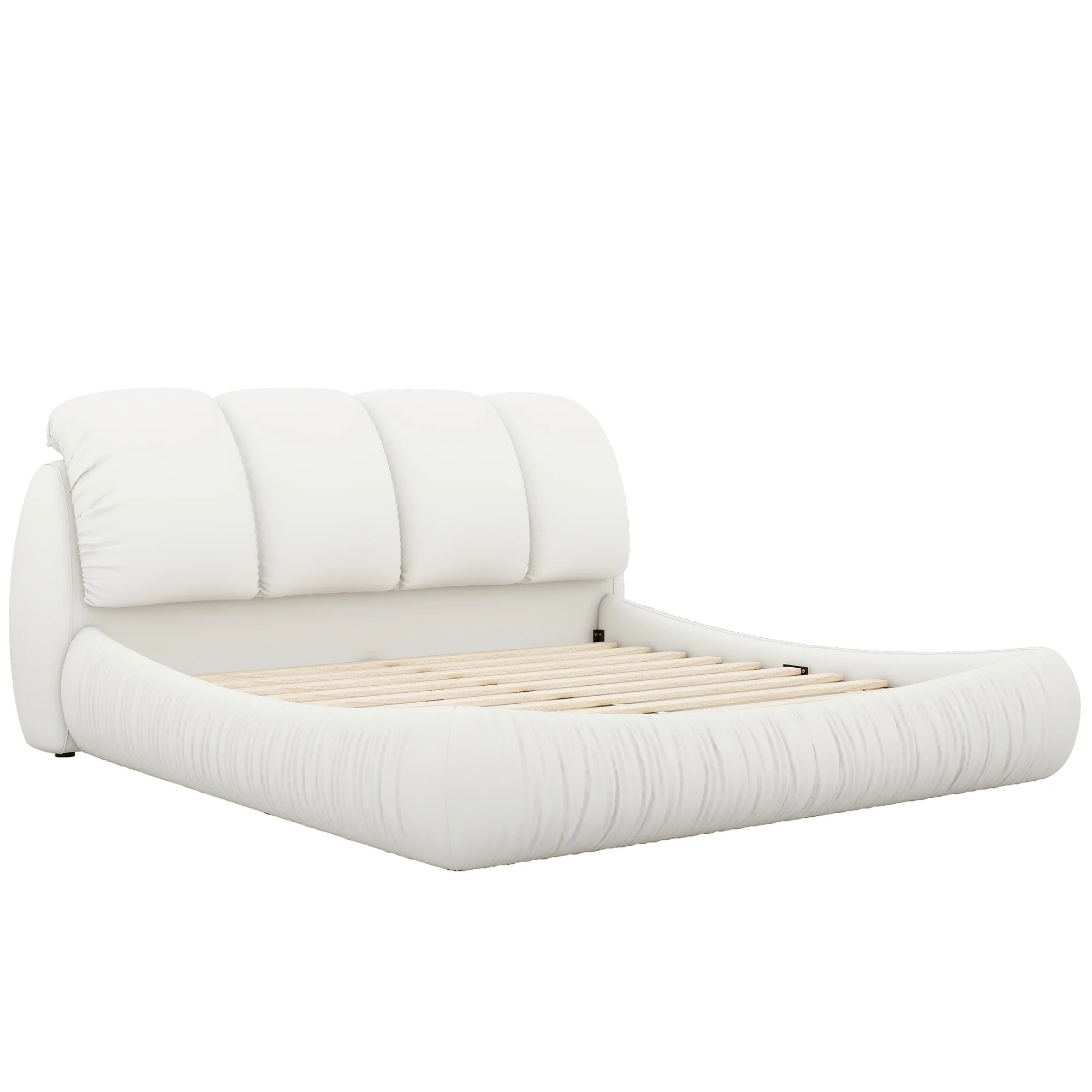 White Leather King-Size Bed with Luxe Upholstered Thick Headboard & Padded Backrest
