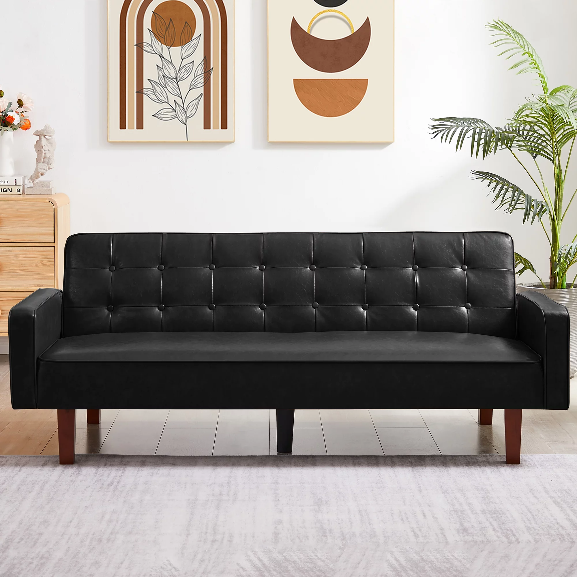 Lemacte Black Faux Leather Futon Sofa Couch,Button Tufted Convertible Sleeper Sofa Bed for Small Spaces, Living Room, Bedroom