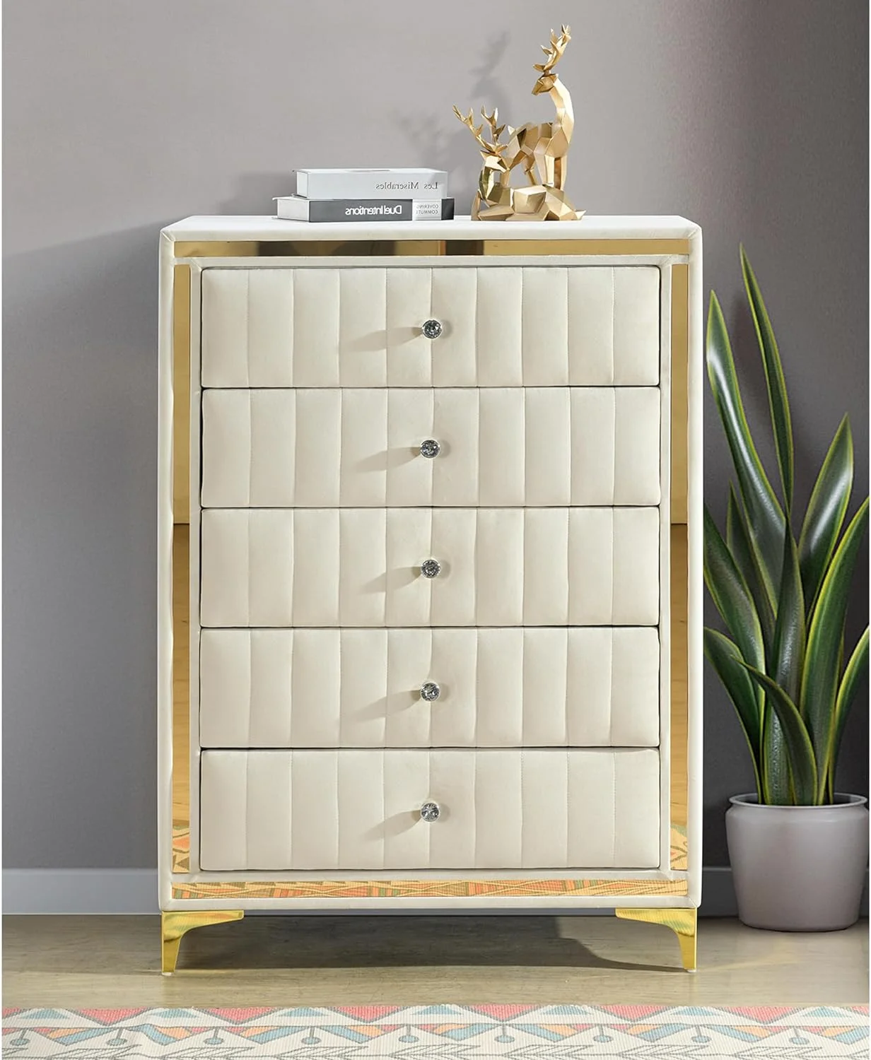 Monique Velvet Upholstered 5-Drawer Chest In Cream