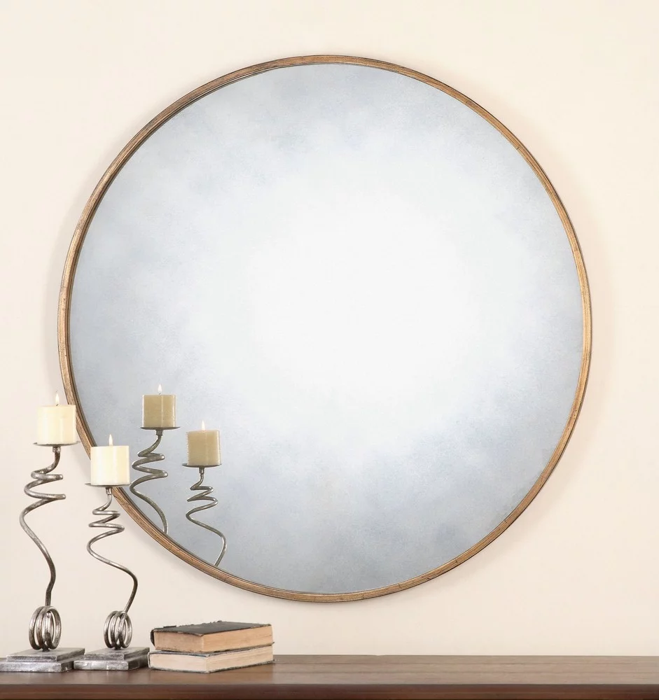 Antique Style Round Wall Mirror in Gold Leaf Finish with Narrow Metal Frame 43 inches W X 43 inches H Bailey Street Home 208-Bel-1771735