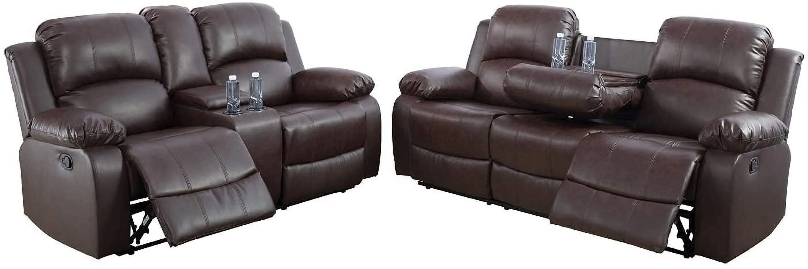 2 Piece Leather Mannual Reclining Living Room Set Brown (Sofa & Loveseat)