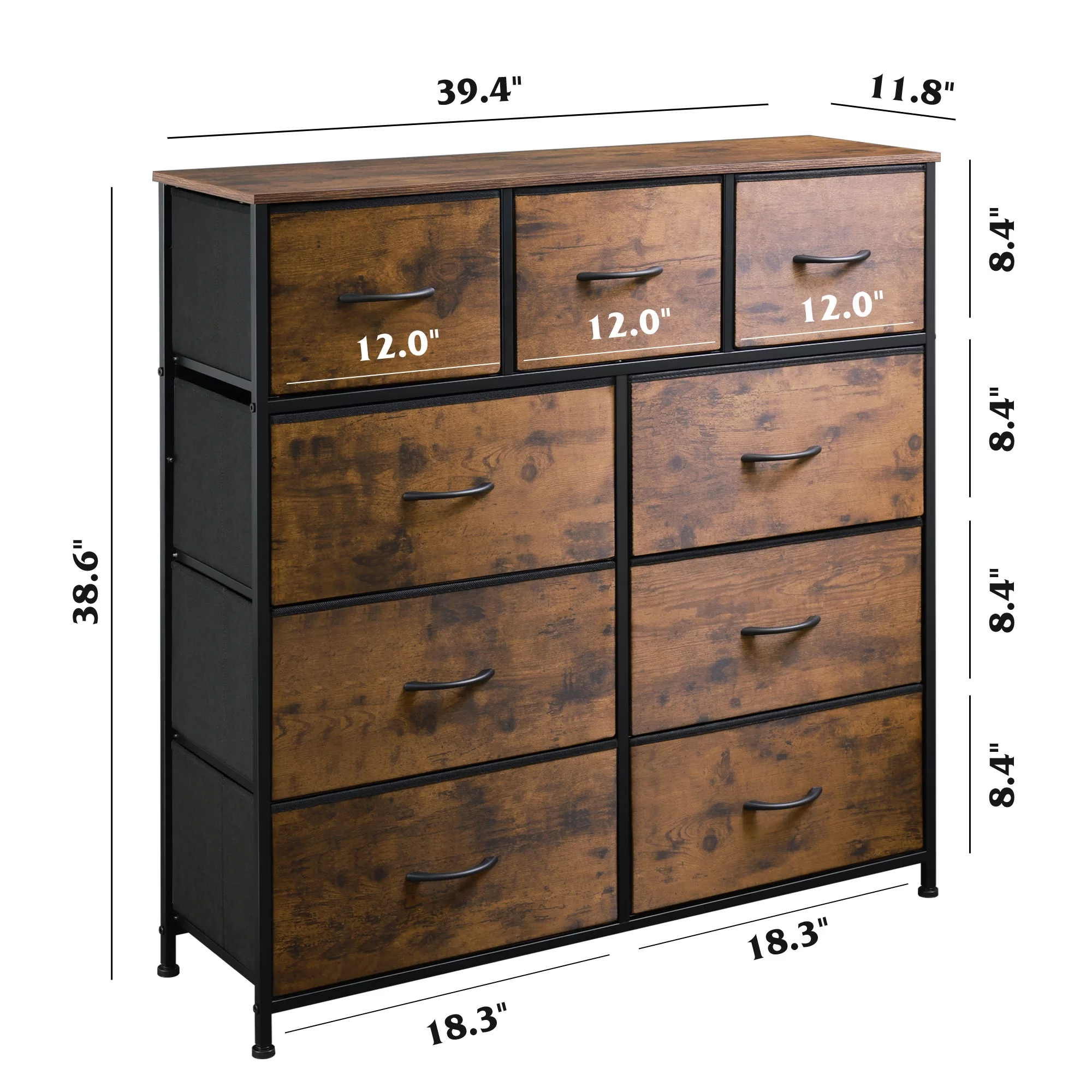 WLIVE Dresser for Bedroom with 9 Drawers, Fabric Storage Tower Tall Chest Organizer Unit for Living Room Nursery Entryway Closets, Steel Frame, Wood Top Rustic Brown