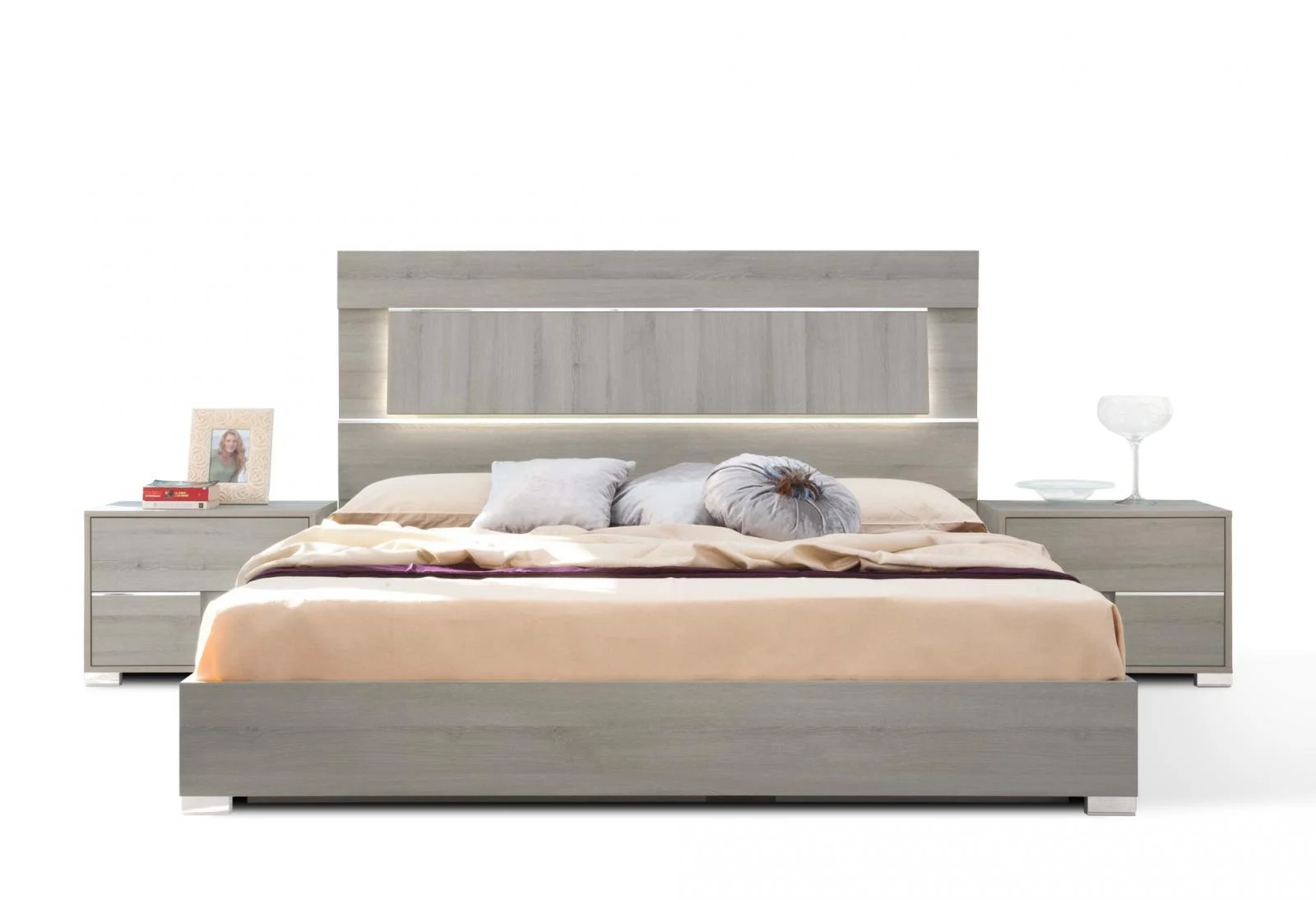 Grey Veneer Headboard w/LED King Bedroom Set 3Pcs Italy Made VIG Modrest Ethan