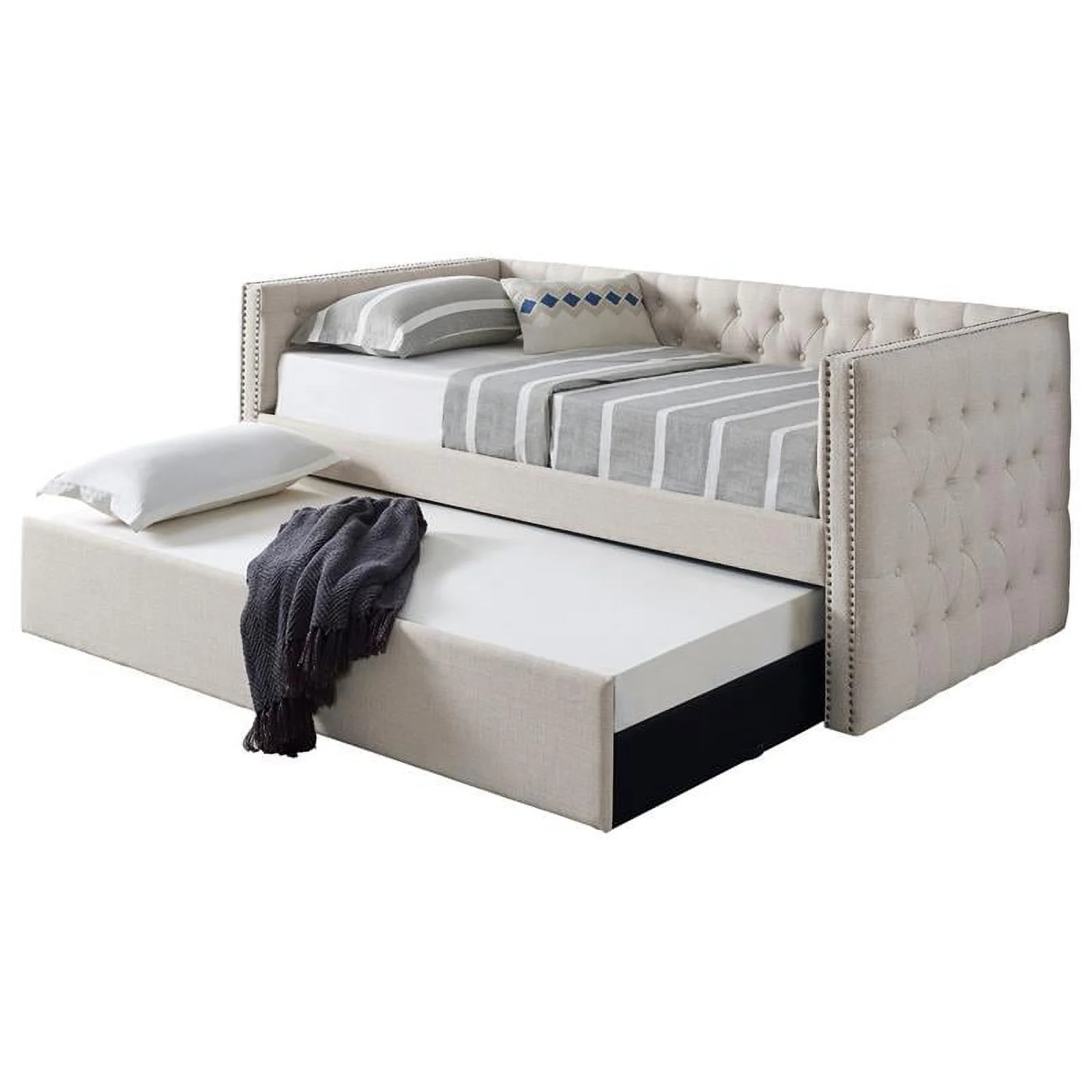 Bowery Hill Tufted Fabric with Nailhead Twin Daybed and Trundle in Trina Beige