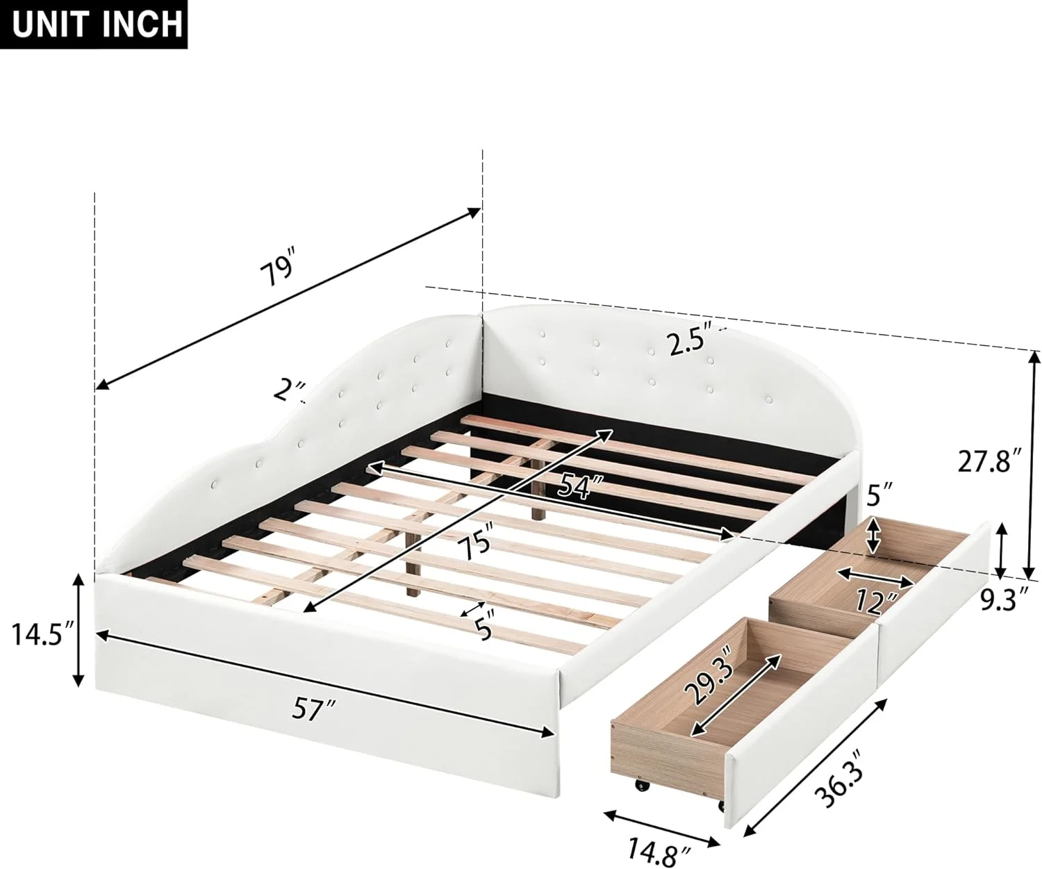 Full Size Daybed Wih Sorage Drawers, Faux Leaher Upholsered Day Bed Frame, Boom ufed Sofa Bed Wih Cloud Shaped Rails For Bedroom Livig Room Gues Room, Whie