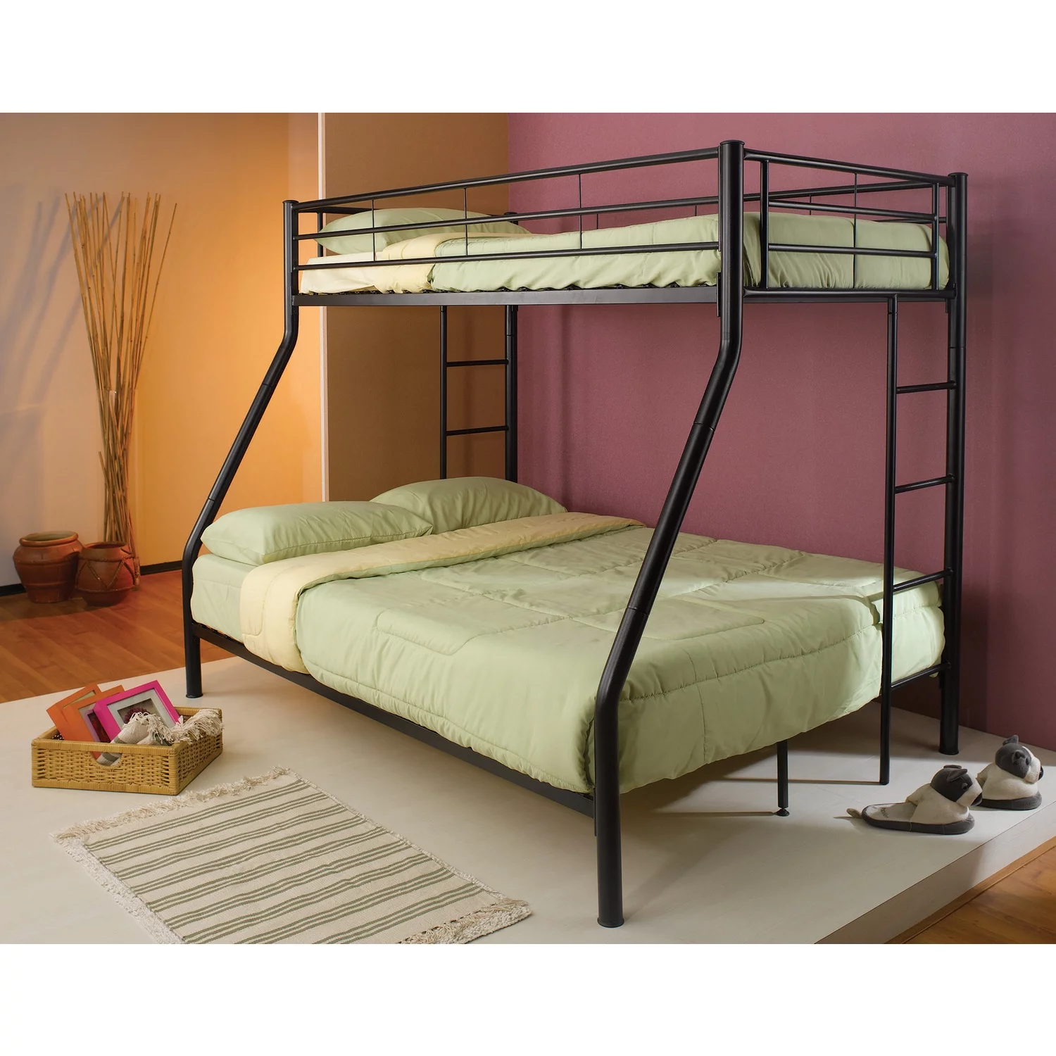 Benzara Metal Twin Over Full Bunk Bed With Full Length Guard Rails, Black-Color:Black