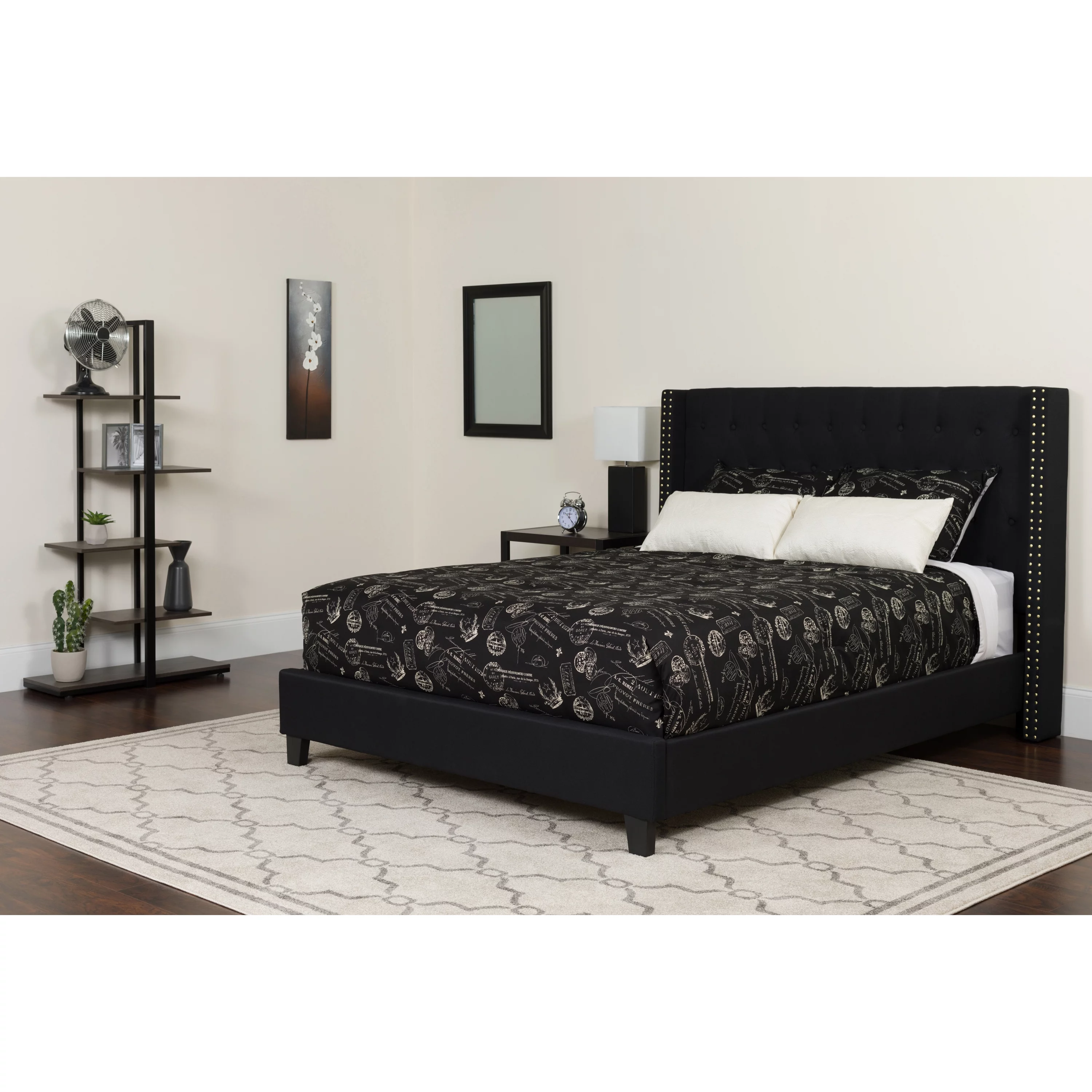 BizChair Twin Size Tufted Upholstered Platform Bed with Accent Nail Trimmed Extended Sides in Black Fabric with Mattress