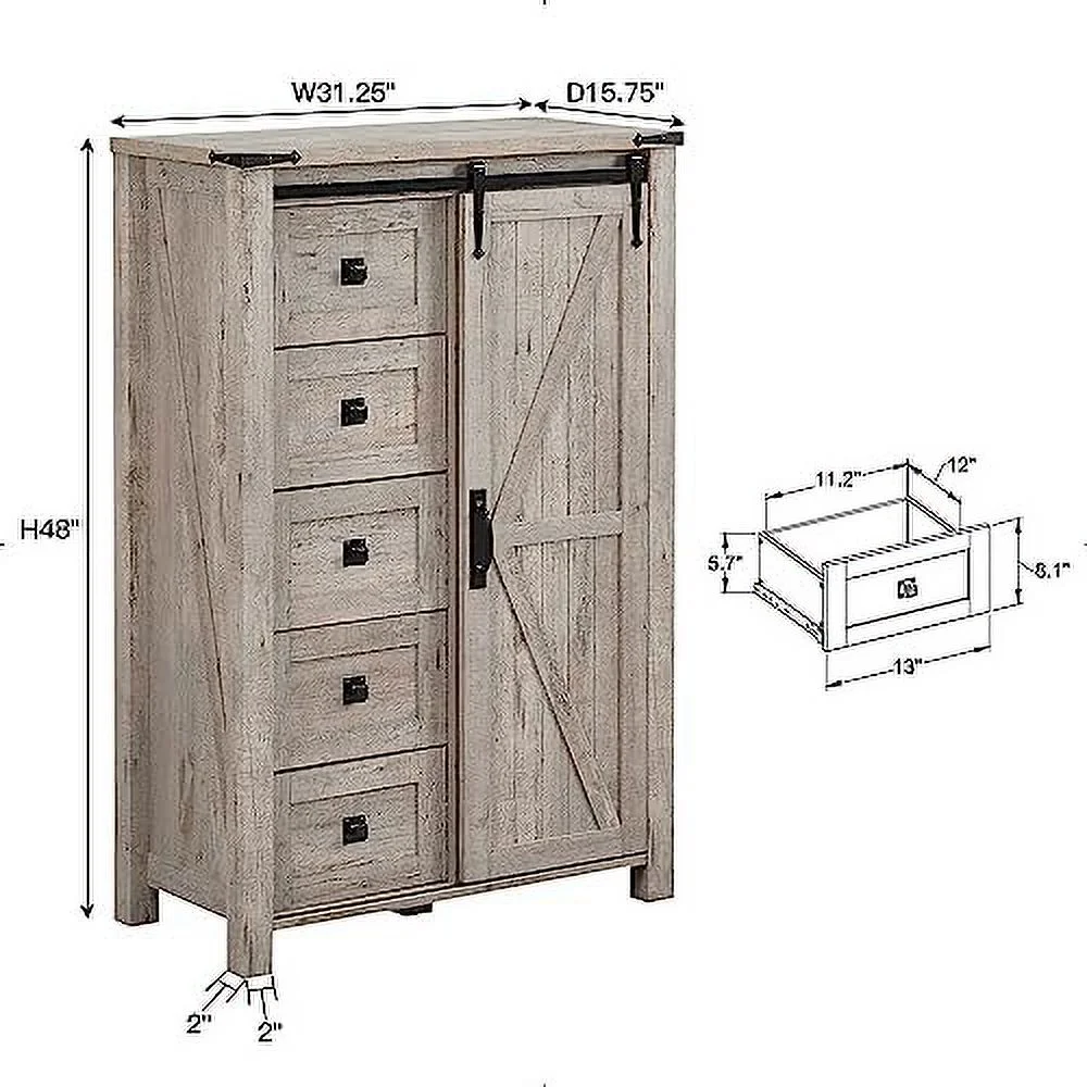 xrboomlife 48'' Farmhouse Dresser w/4 Drawers & Sliding Barn Doors Tall Chest of Drawers Rustic Dresser TV Stand w/ for Bedroom Living Room Foyer Light Rustic Oak