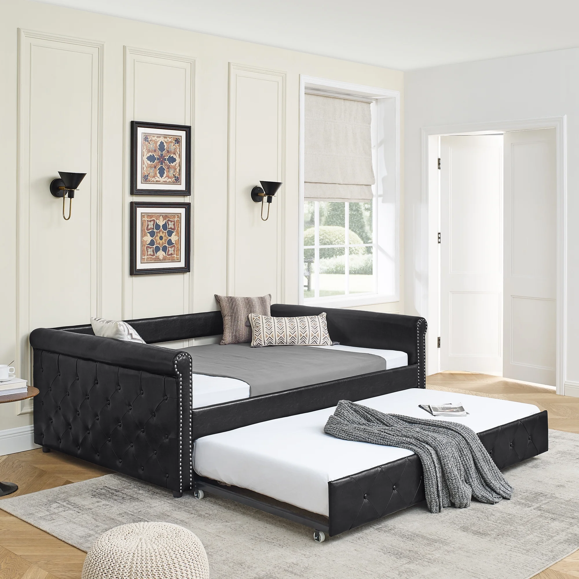 Trundle Upholstered Tufted Sofa Bed Daybed with Button and Copper Nail on Arms