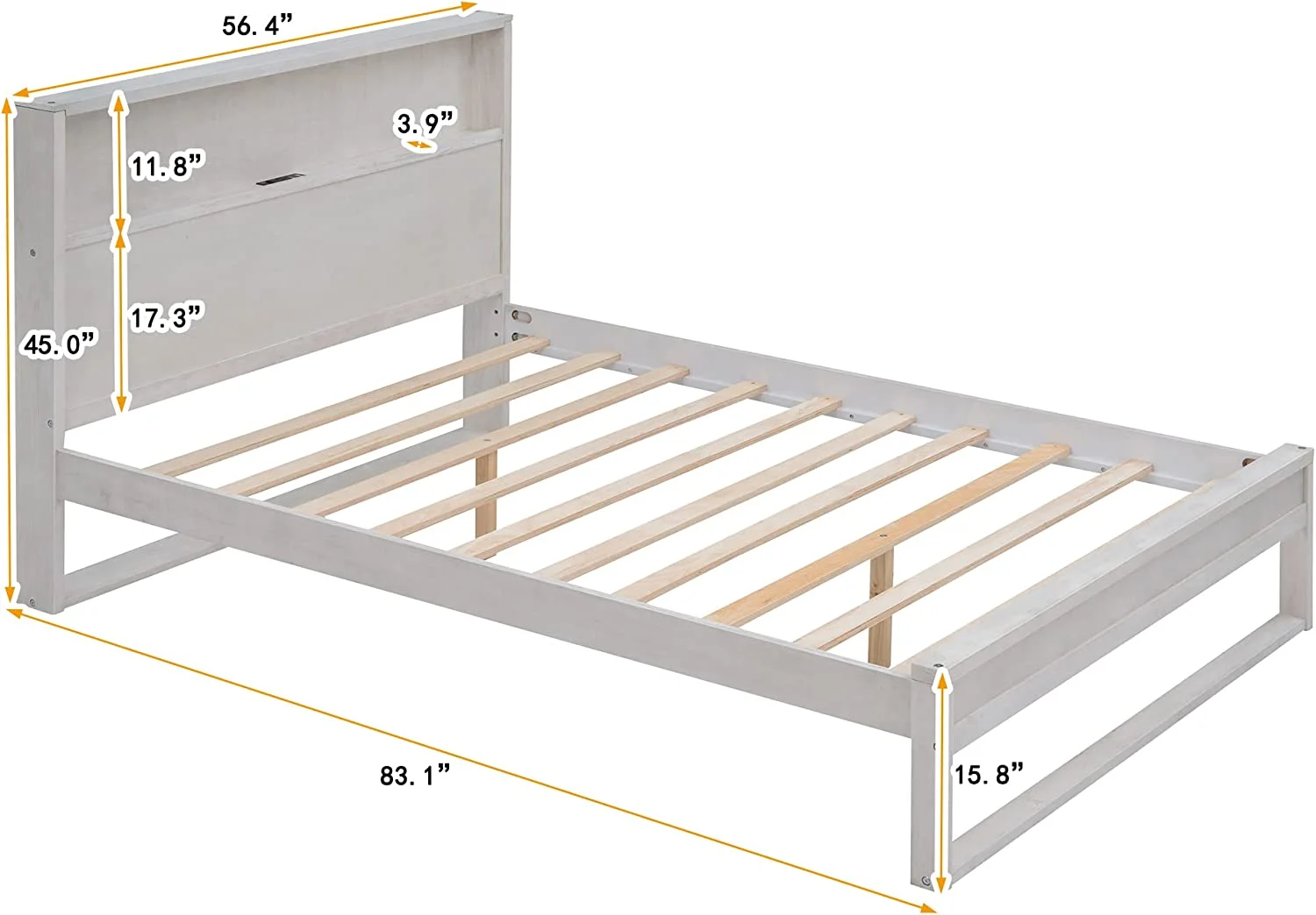 Full Size Bed With Storage Headboard, Sockets Ad USB Ports, Solid Wood Full Size Platform Bed Frame With Storage Shelves, o Box Sprig eeded (Atique White)