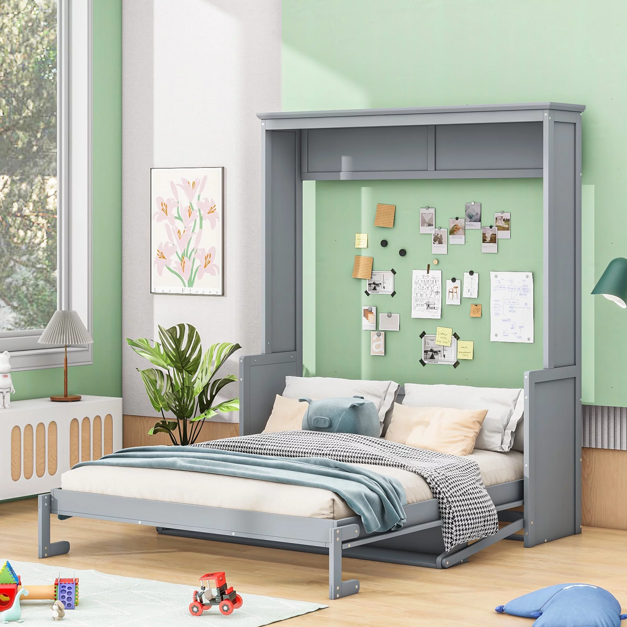 Euroco Queen Size Murphy Bed with Desk and Shelf, Convertible Wall Bed into a Cabinet for Living Room, Guests Room, Space-Saving & Easy Open and Close, Gray