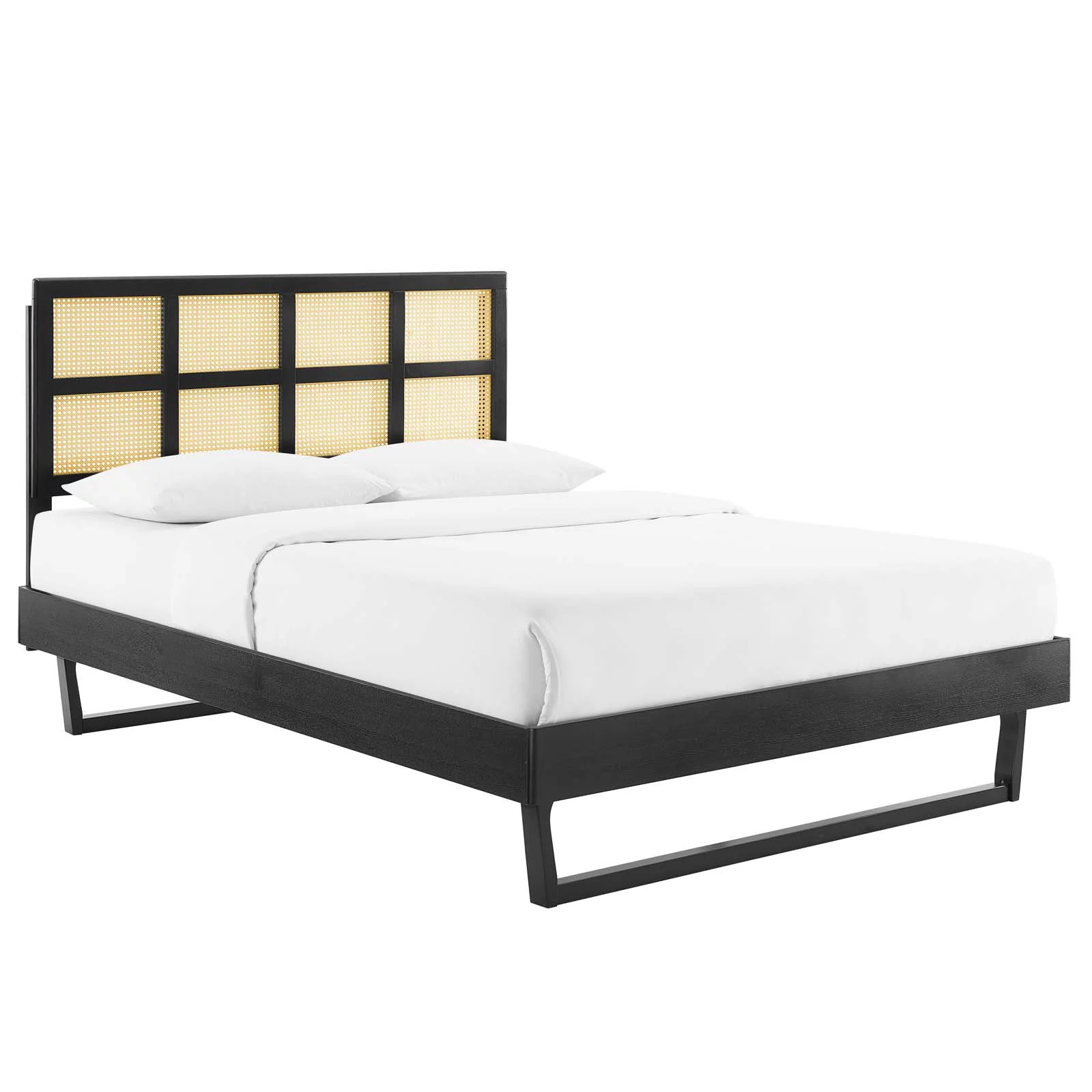 Modway Sidney Cane and Wood King Platform Bed With Angular Legs in Black