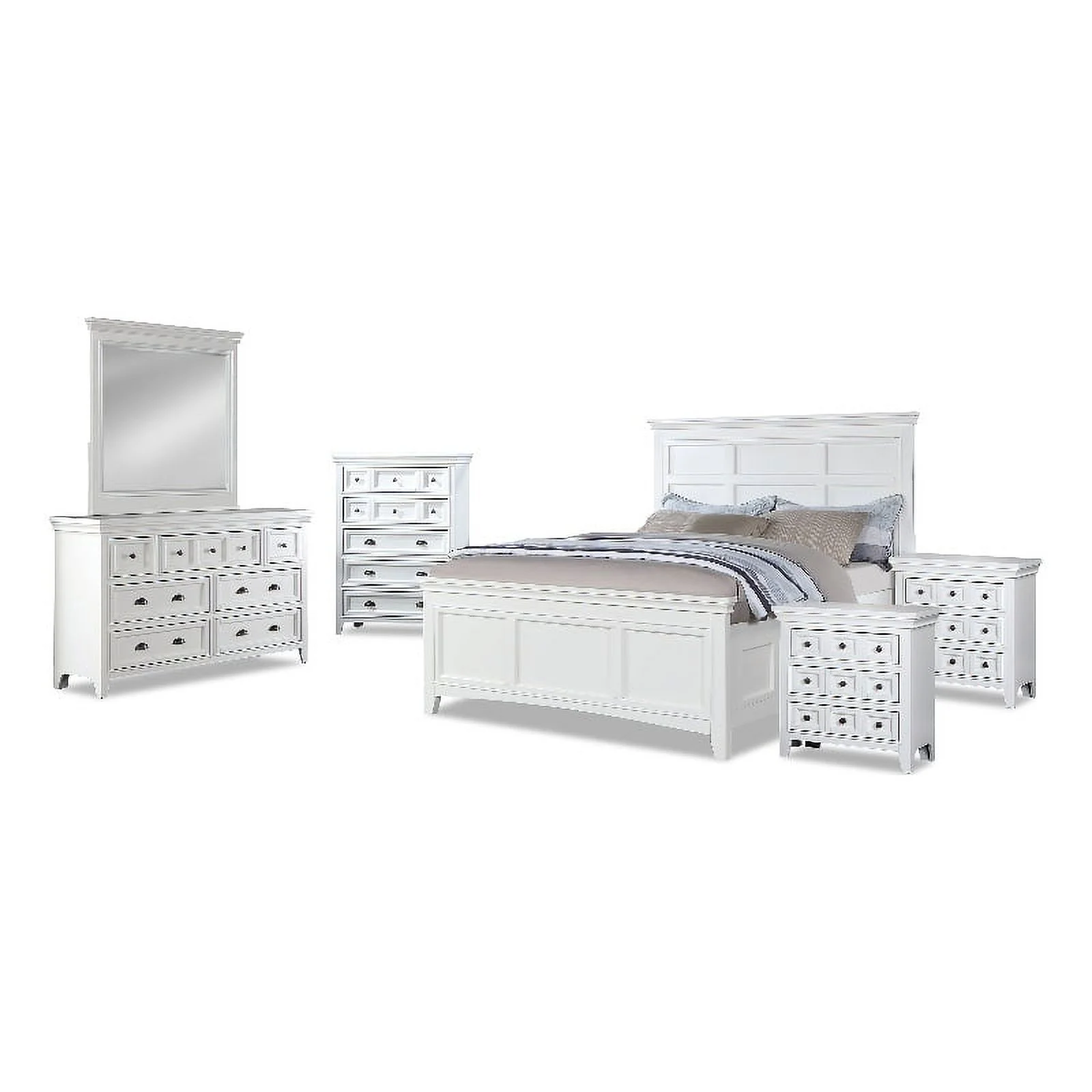 FOA Ender 6pc White Wood Bedroom Set - Twin +2 Nightstands +Chest+Dresser+Mirror