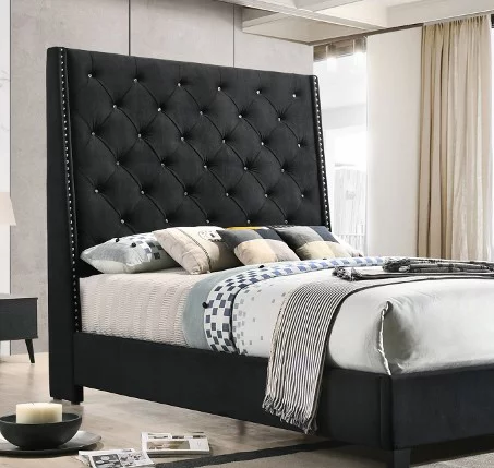 1Pc Black Color Elegant Contemporary Upholstered King Bed Button Tufted Headboard Demi-Wings Bedroom Furniture
