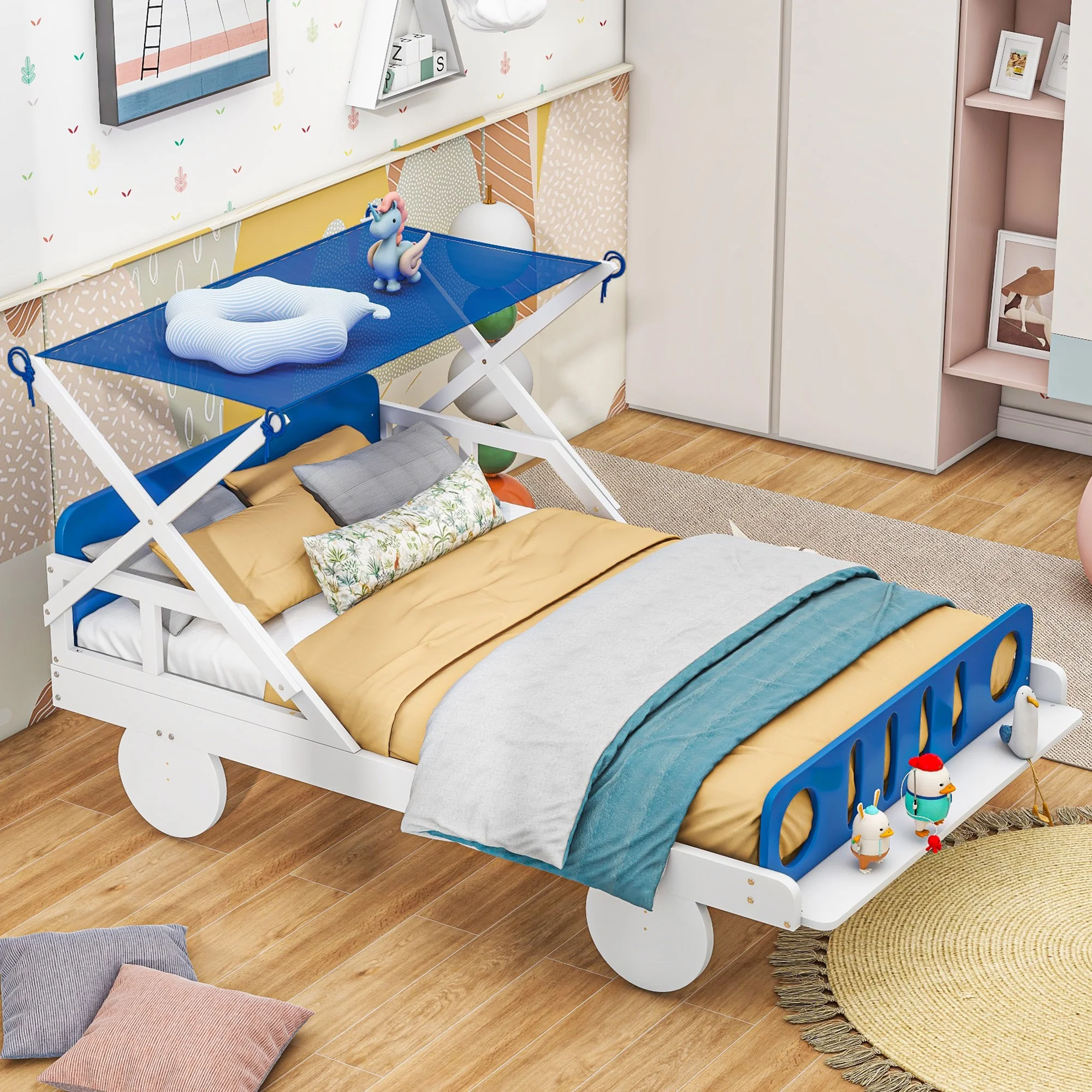 Race Car Bed for Kids: Wood Twin Size Bed with Ceiling Cloth, Headboard, and Footboard - Exciting and Imaginative-White+Blue