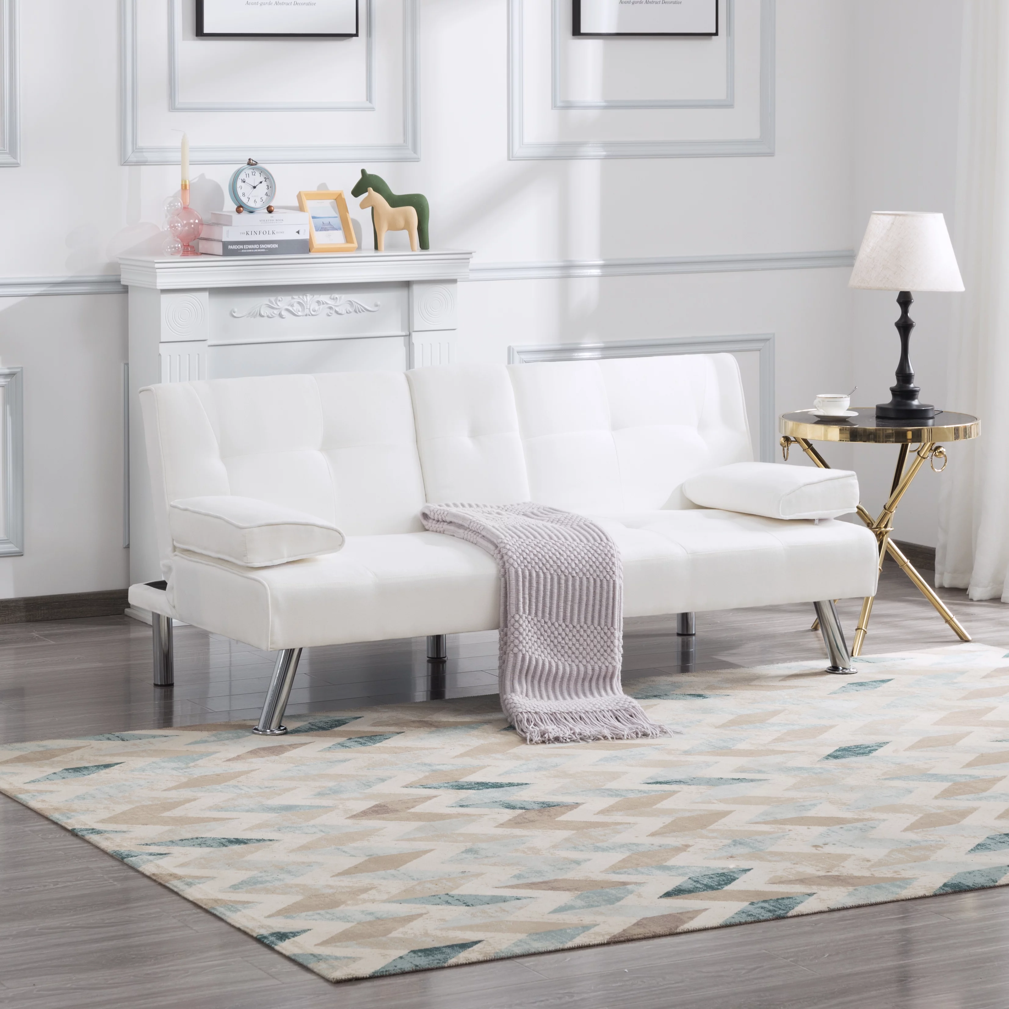 BSHTI 66.9 inch Futon Velvet Sleeper Sofa Bed and Drop Down Middle Back with 2 Cup Holders(Beige)