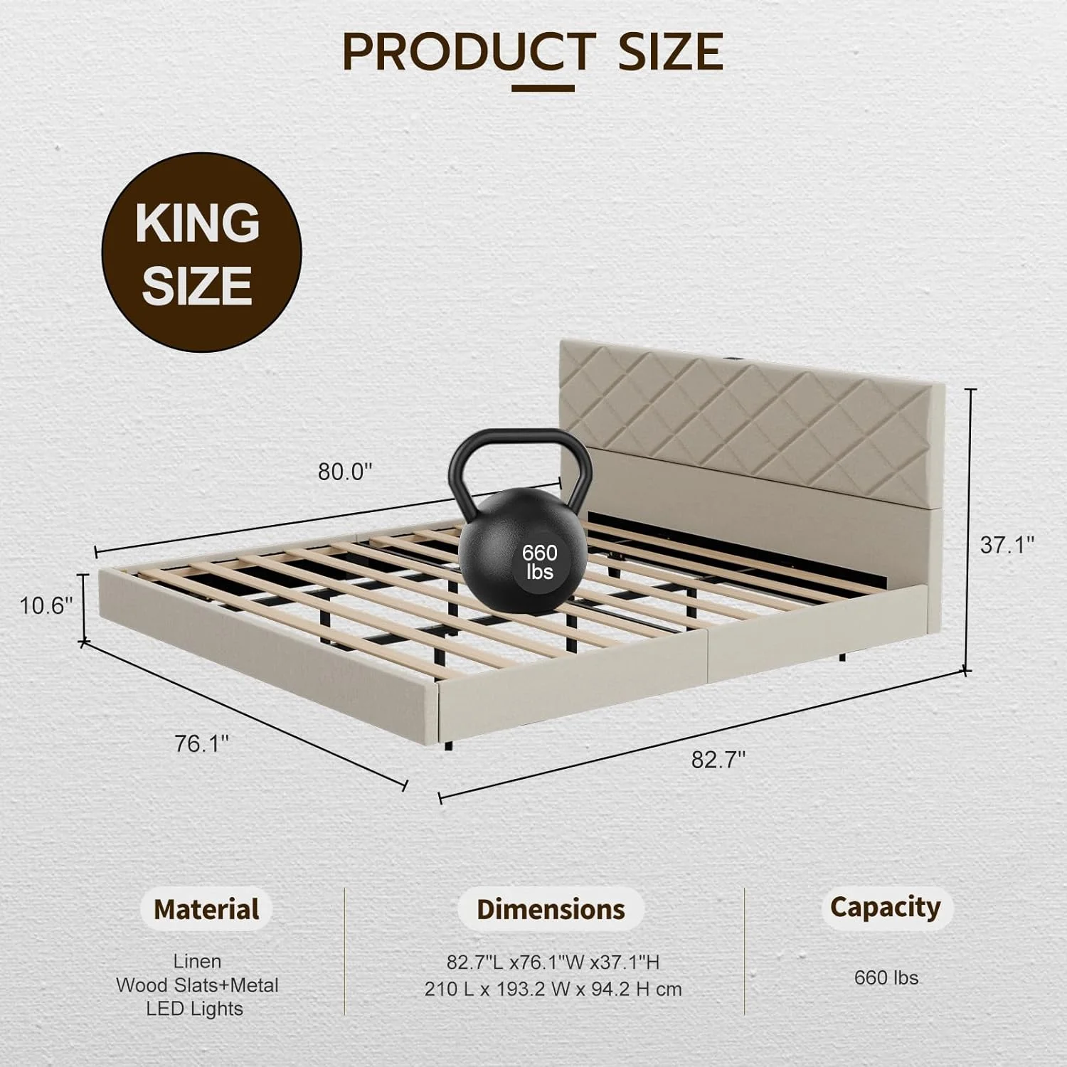 IKIFLY King Size Floating Bed Frame with 2 USB Port, Modern Upholstered Linen King Platform Bed with LED Lights, No Box Spring Needed, Solid Wood Slats, Easy Assembly - Beige