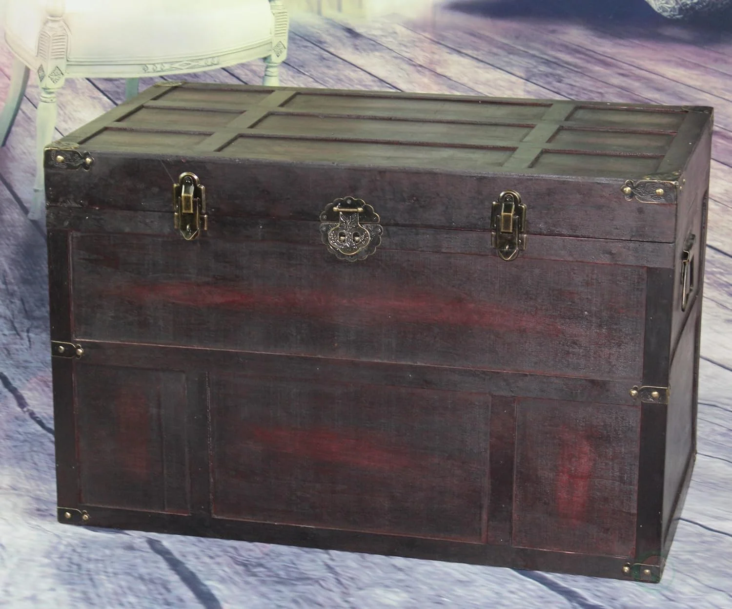 QI003041LNEW Antique Wooden Steamer Trunk