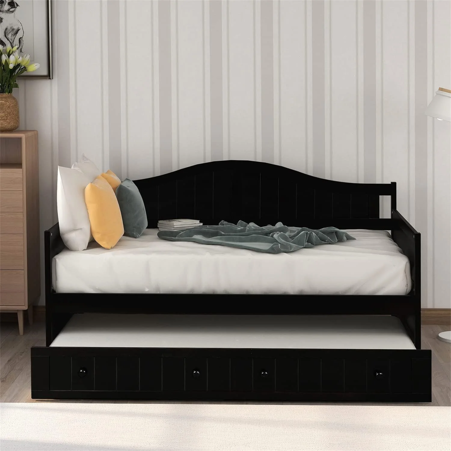 Daybed With Trundle Wood Day Bed Frame For Living Room Bedroom Dual-Use Sofa Beds For Kids Guests Sleepovers, Size, Espresso