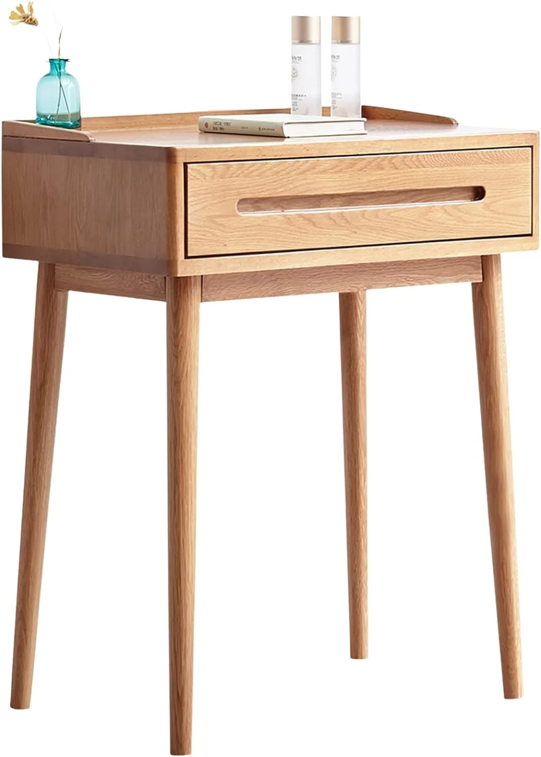 RUNFAYBIU 100% Solid Oak Wood - Mid Century Modern Vanity Desk with Drawer for Bedrooms Living Room - Tall Nightstand - Natual Wood Color
