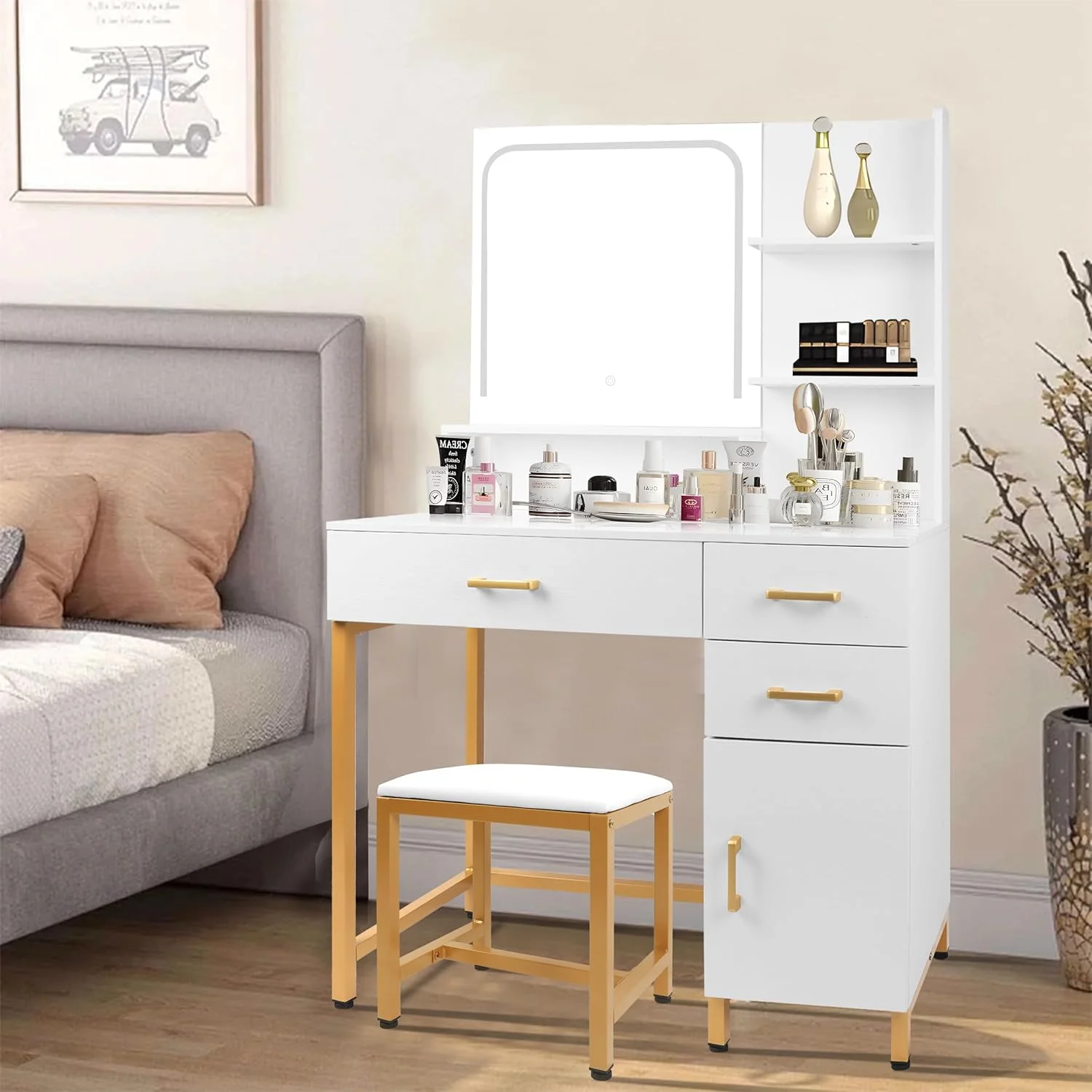 DOUSY Vanity Desk with Mirror and Lights and Stool, Makeup Vanity Desk Dressing Table with 3 Drawers, Storage Open Shelves, Side Chest, Girls Vanity Table Set with Cushioned Stool for Bedroom
