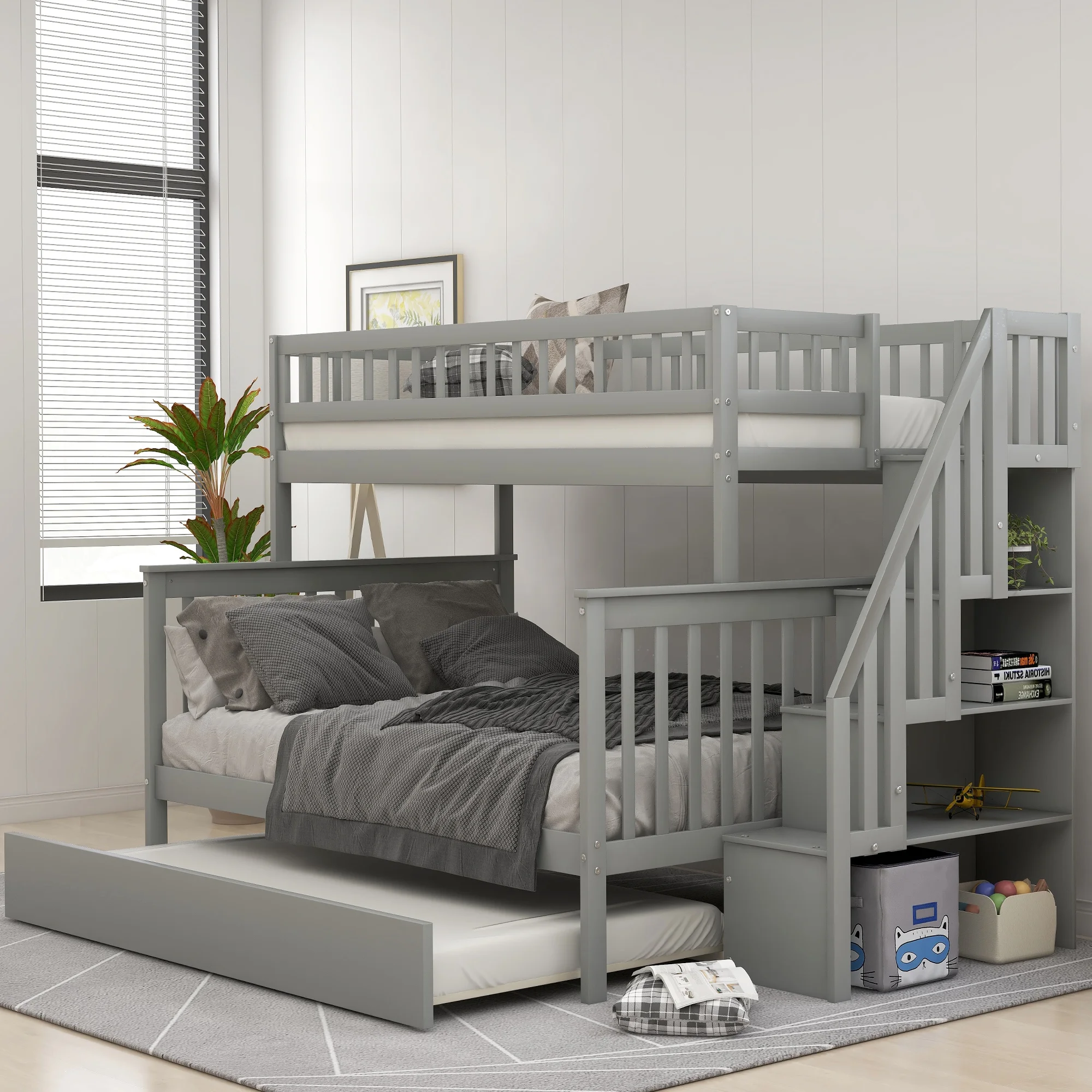 EUROCO Twin over Full Bunk Bed with Trundle Bed for Bedroom, Space-Saving Storage Staircase and Shelf, Solid Wood Bunk Bed Frame, Gray
