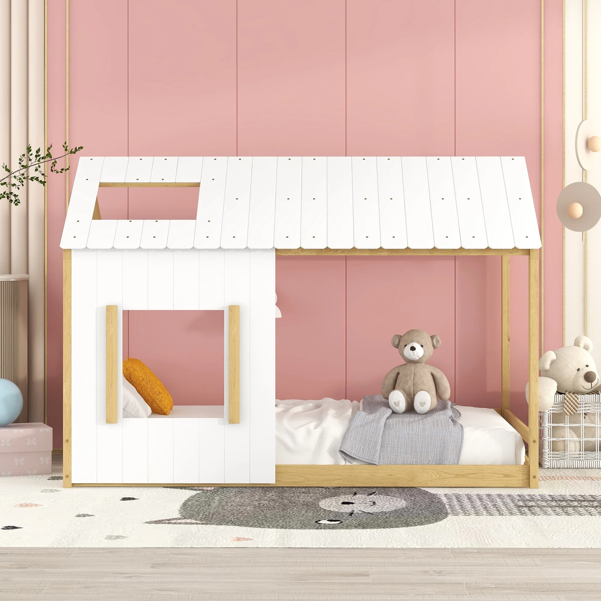 Gewnee Twin Size Wood House Bed,Floor Bed Playhouse Bed with Roof and Windows for Kids Room,Natural