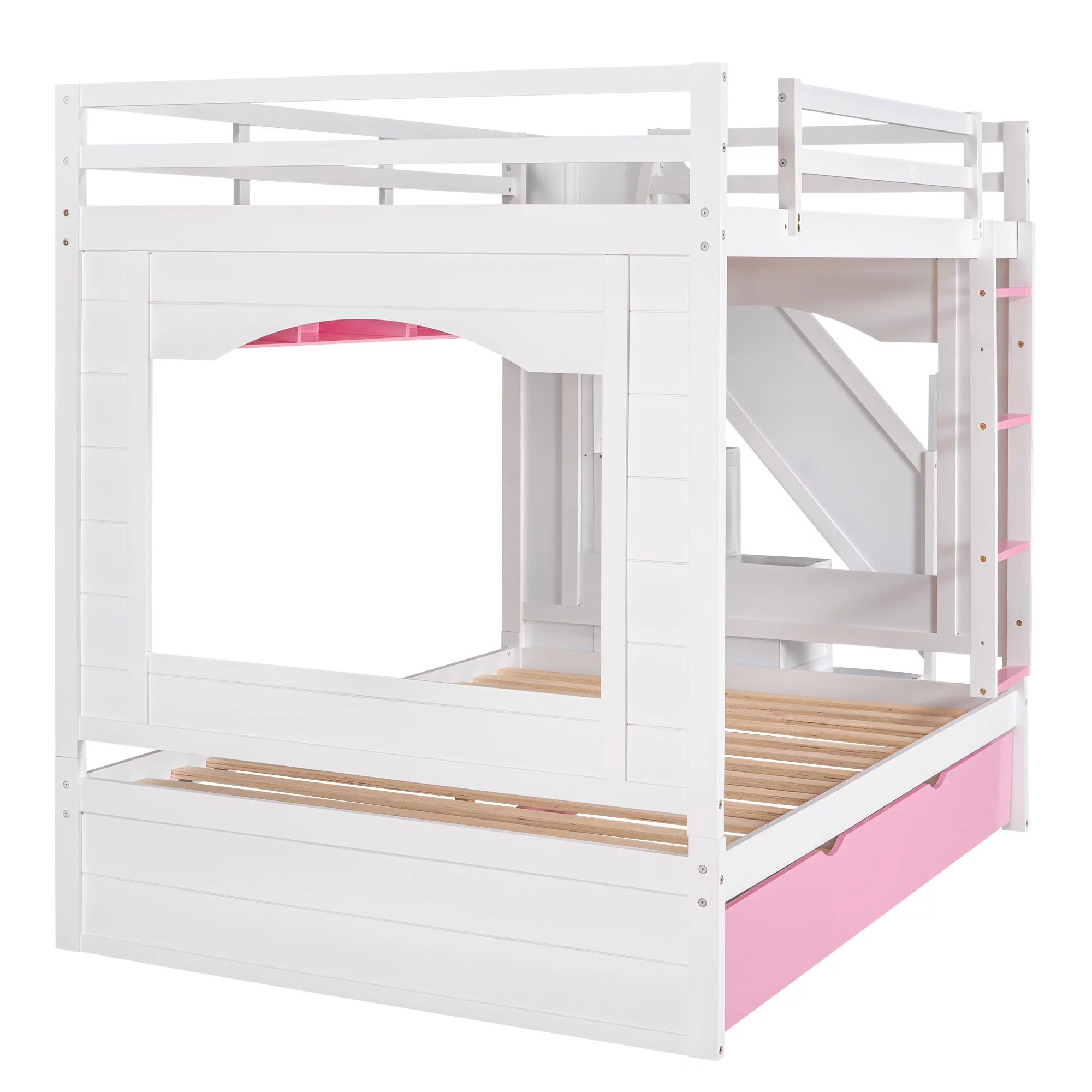 LANTRO JS Full Over Full Bunk Bed with Trundle, Stairs, Ladders Solid Wood Bunk bed with Storage Cabinet (White + Pink)