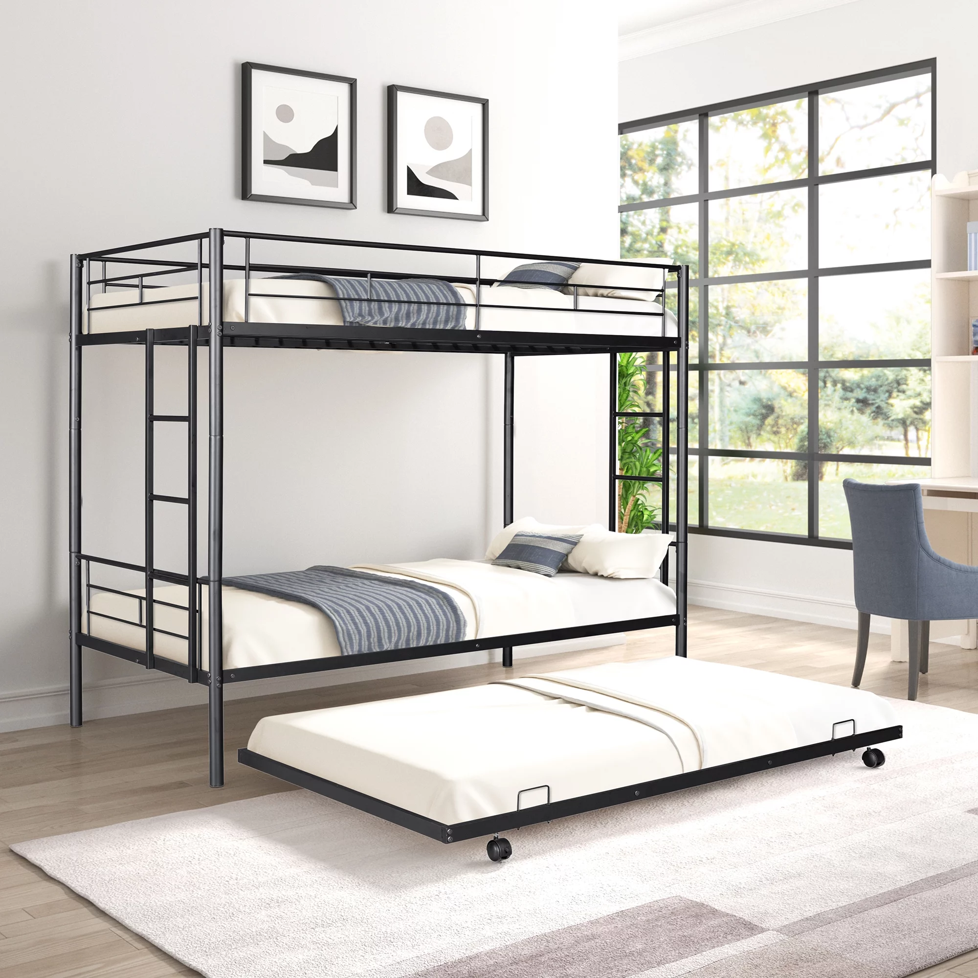 GNIXUU Metal Twin over Twin Bunk Beds with Trundle Bed for Kids Bedroom, Metal Twin Bunk Bed Frame with Safety Guardrail & 2 Ladders, Black