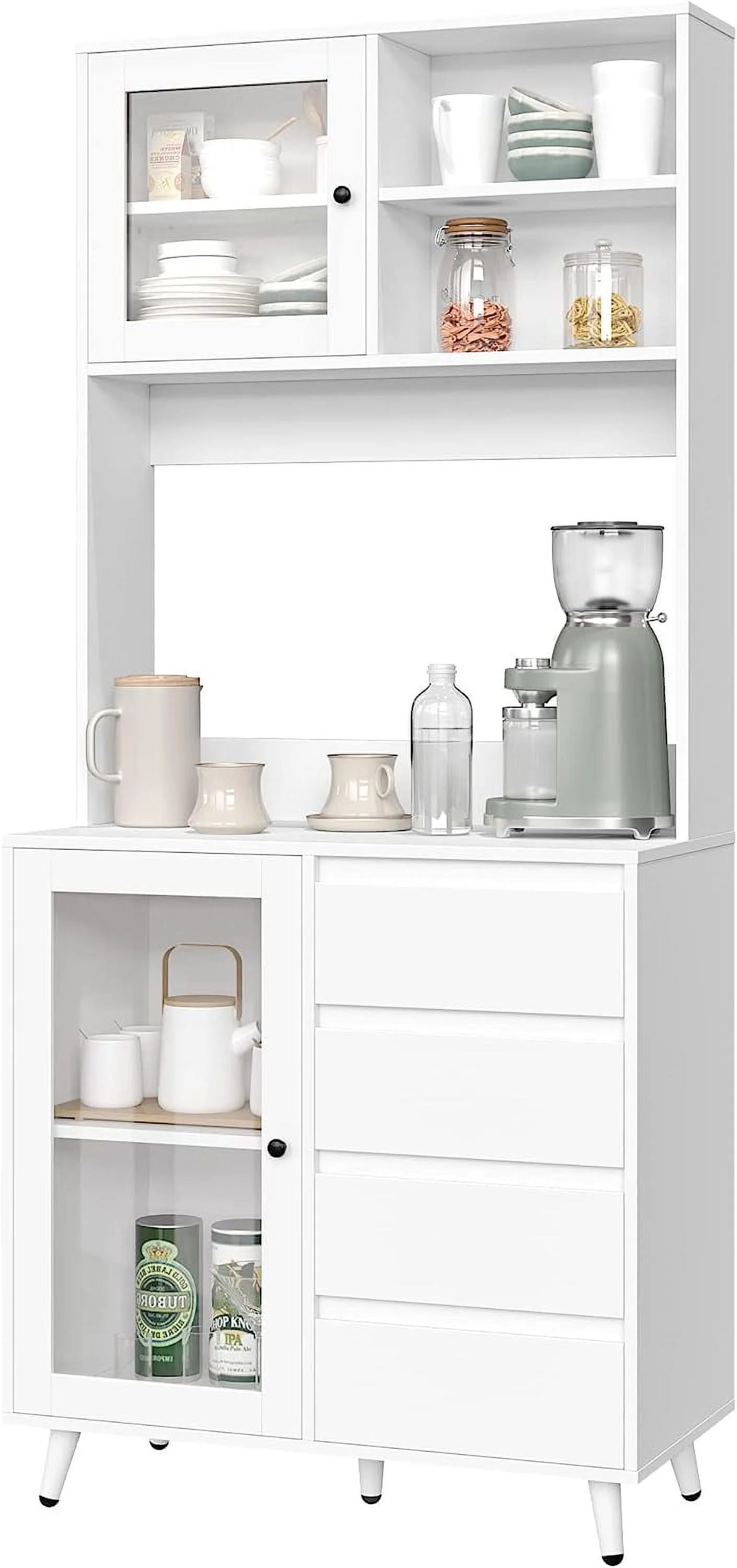 71'' Tall Kitchen Pantry Cabinet with Large Countertop Kitchen Buffet Hutch Cabinet with 2 Adjustable Shelves & Tempered Glass Doors 4 Handless Drawers for White