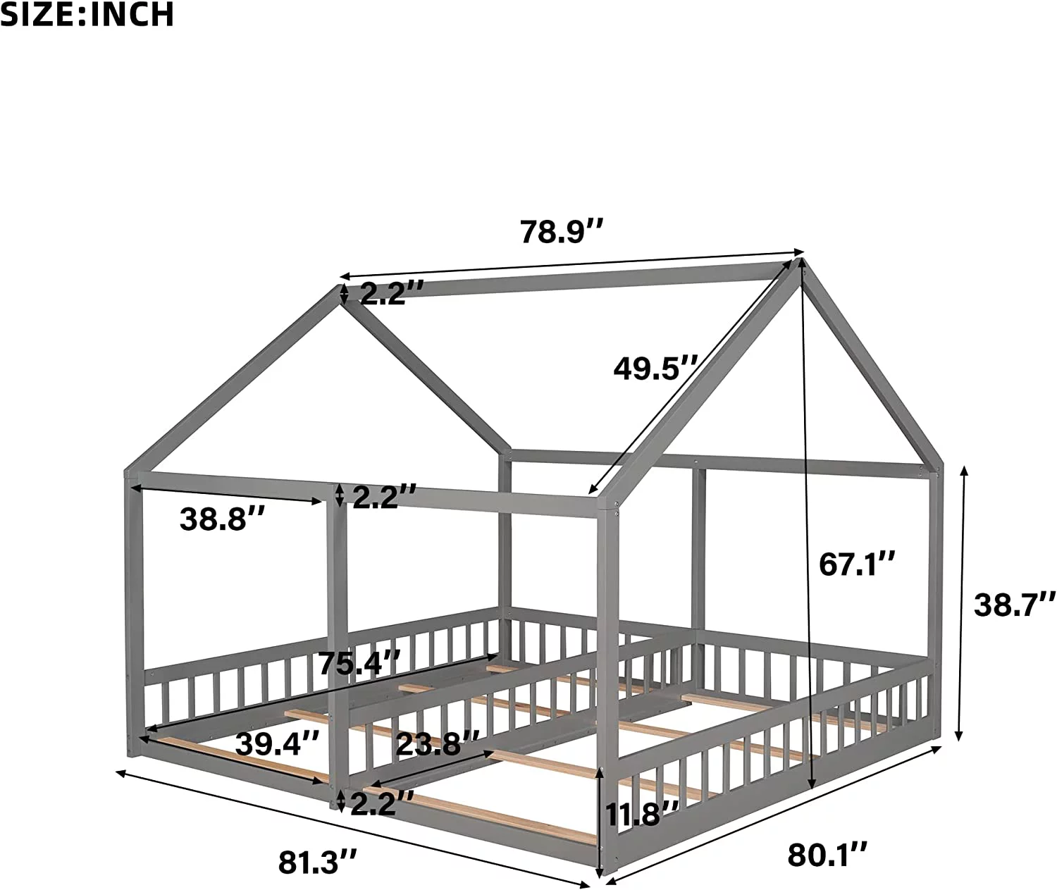 Kids House Double Bed Frames, Moessori Low Floor Bed Wih Rails Ad Roof, 2 Side By Side Solid Wood Plaform Beds, Gray