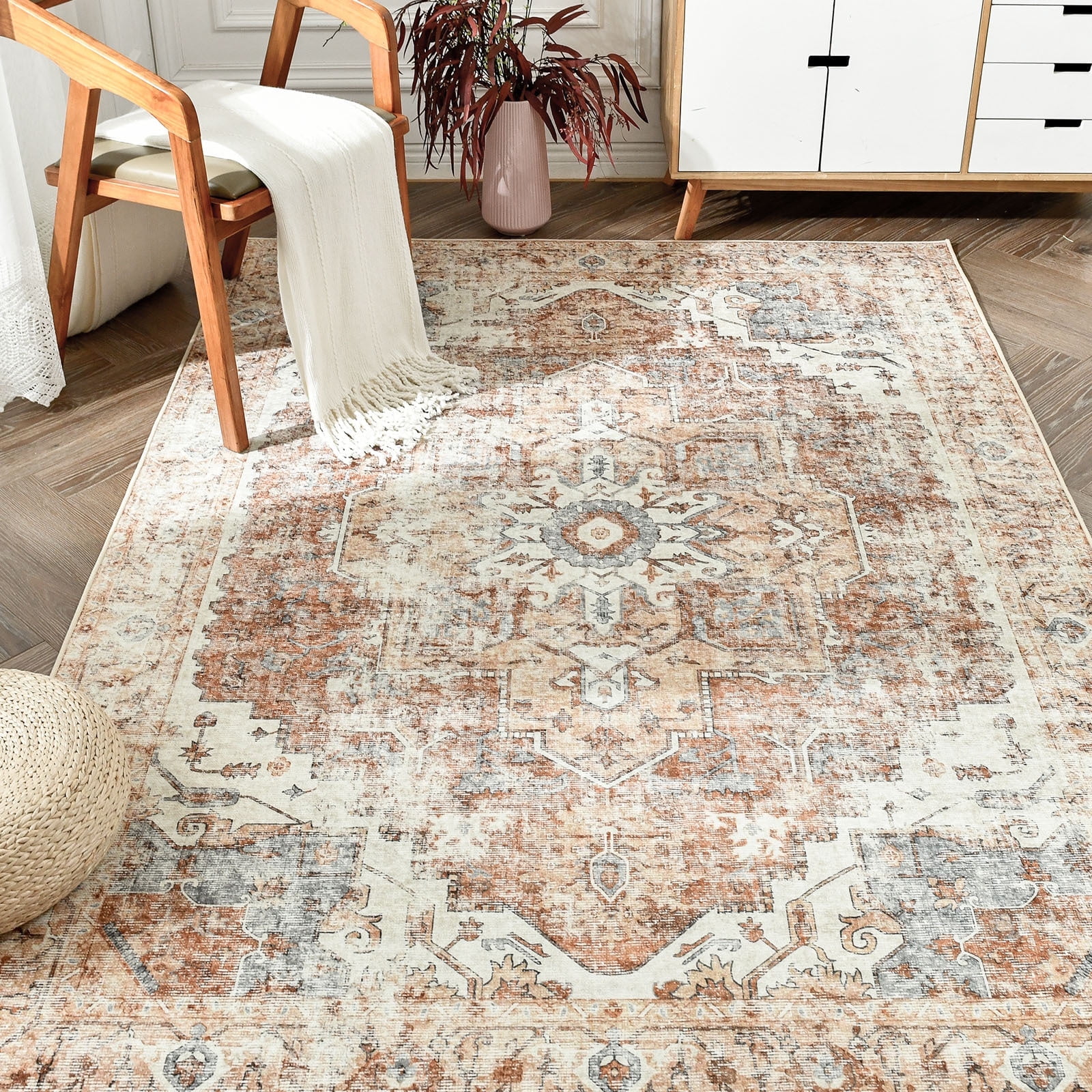 RUGKING Traditional Area Rugs 8x10 Brick Red Foldable Oriental Medallion Pattern Carpet Non Slip In Door Rug for Living Room Bedroom Thin Kitchen